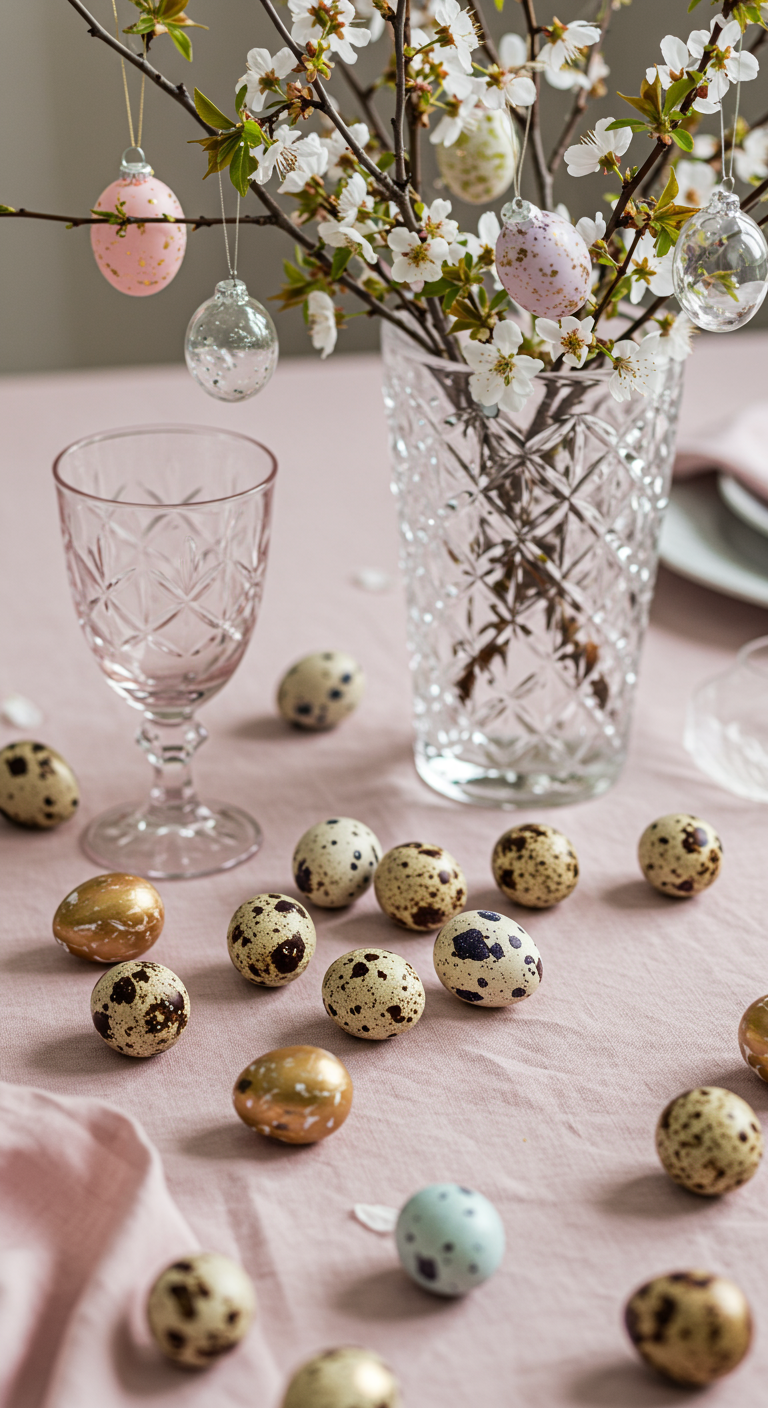 Elegant Easter Touch - Close-up of a sophisticated Easter brunch setting featuring a linen tablecloth in a soft blush pink hue, adorned with scattered, hand-painted quail eggs in metallic gold and subtle pastel shades. A crystal vase filled with blossoming cherry branches takes center stage, delicate glass egg ornaments hanging from the branches, catching the light. Natural imperfections like slight smudges of paint on the eggs and subtle wrinkles in the tablecloth enhance the realistic feel of the scene.