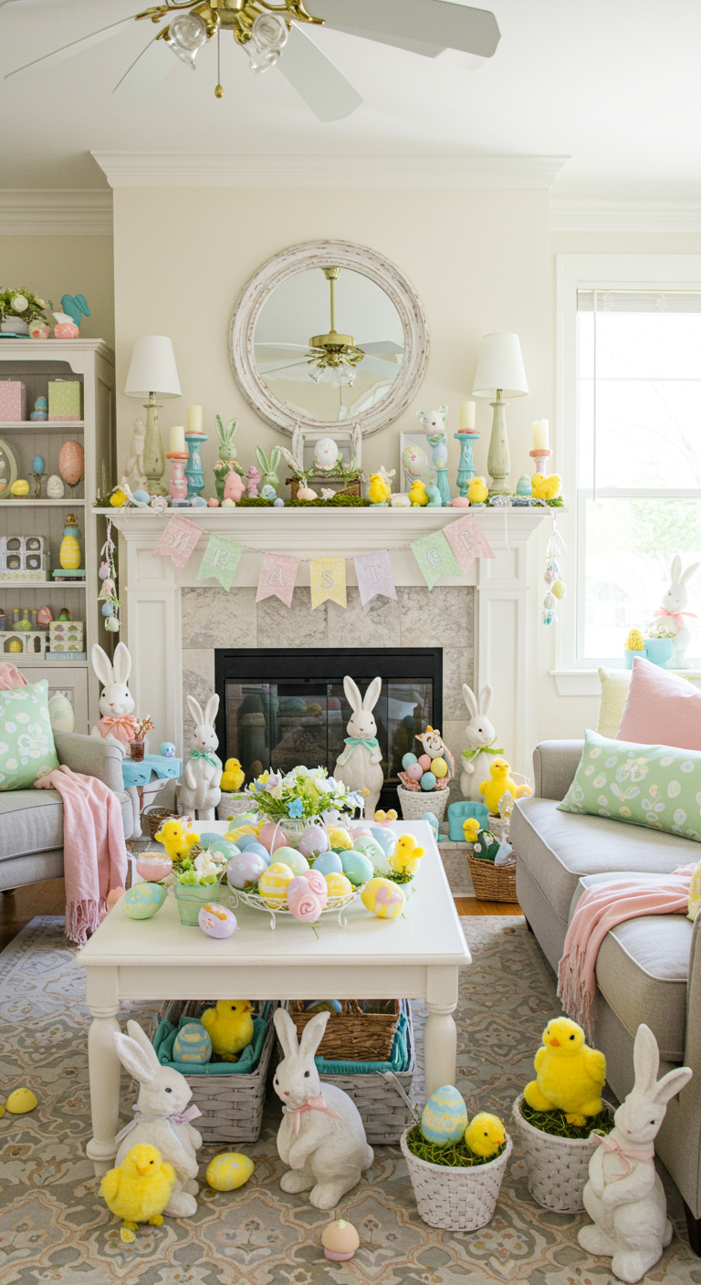 Playful Easter Vibe - A brightly lit living room scene, decorated for Easter with a playful vibe. Pastel-colored decorations abound: light blue, pink, yellow, and green. Bunny figures and chicks are scattered around, along with hand-painted Easter eggs with visible brush strokes and slight imperfections. A banner with slightly crooked letters hangs above a mantelpiece adorned with mismatched patterns and textures.