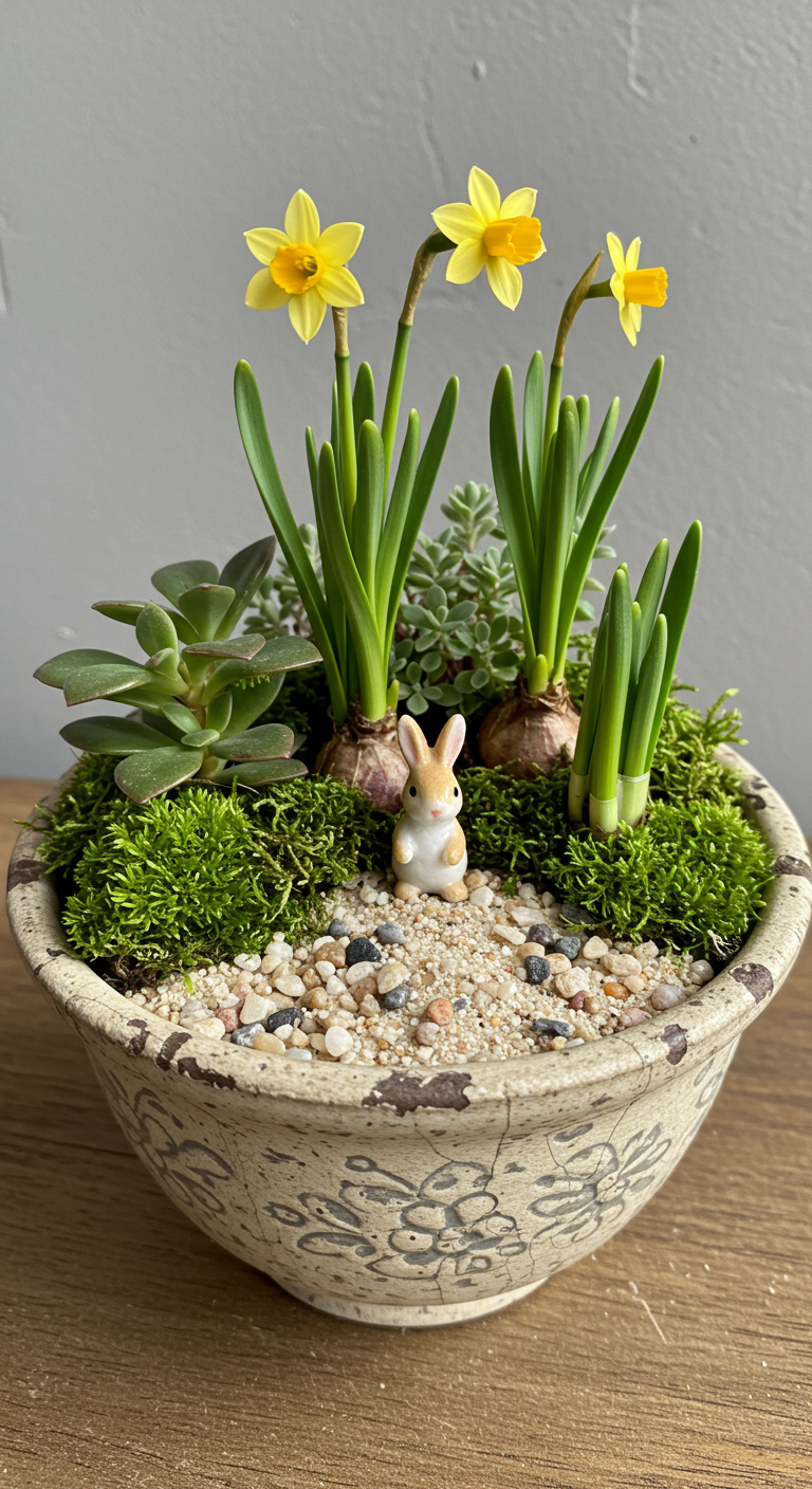 Botanical Easter Garden - A miniature botanical Easter garden arranged in a chipped, vintage ceramic bowl. The garden features a variety of textures, including vibrant green moss, small succulents with slightly imperfect leaves, and miniature daffodils just beginning to bloom. Fine sand and small, irregularly shaped pebbles cover the base, with a few stray grains scattered on the moss. A tiny, slightly off-center porcelain bunny figurine is nestled among the plants, its paint subtly faded.
