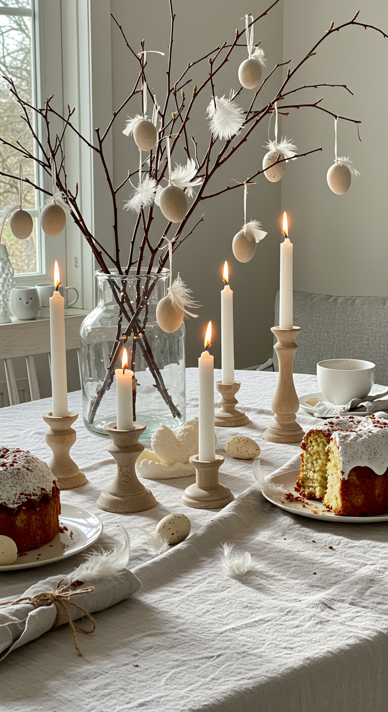 Scandinavian Easter Style - A bright, naturally lit Scandinavian Easter dining table. White linen tablecloth slightly wrinkled, adorned with a centerpiece of birch branches in a clear glass vase, interspersed with pastel-colored wooden eggs and delicate white feathers. Several lit white candles in simple wooden candle holders are scattered amongst the arrangement. A half-eaten slice of cake sits on a plate.