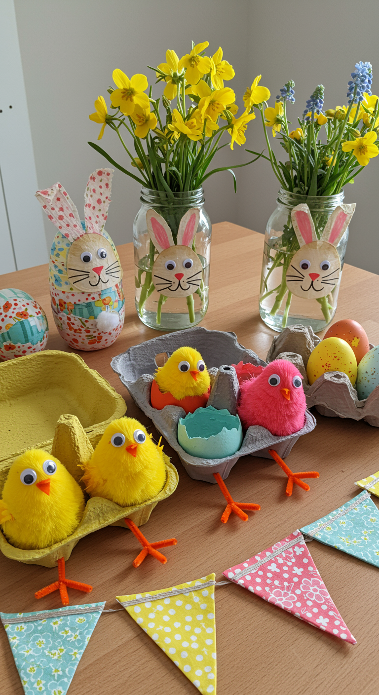 Upcycled Easter Creations - A brightly lit craft table covered with various upcycled Easter decorations. Egg cartons transformed into colorful chicks with googly eyes and pipe cleaner legs sit alongside repurposed glass jars painted as bunnies, filled with vibrant spring flowers. Fabric scraps are fashioned into miniature Easter banners strung across the table, and plain eggs are adorned with fabric remnants and buttons. A few stray glue drips and slightly uneven paint strokes add a touch of authenticity to the homemade creations.
