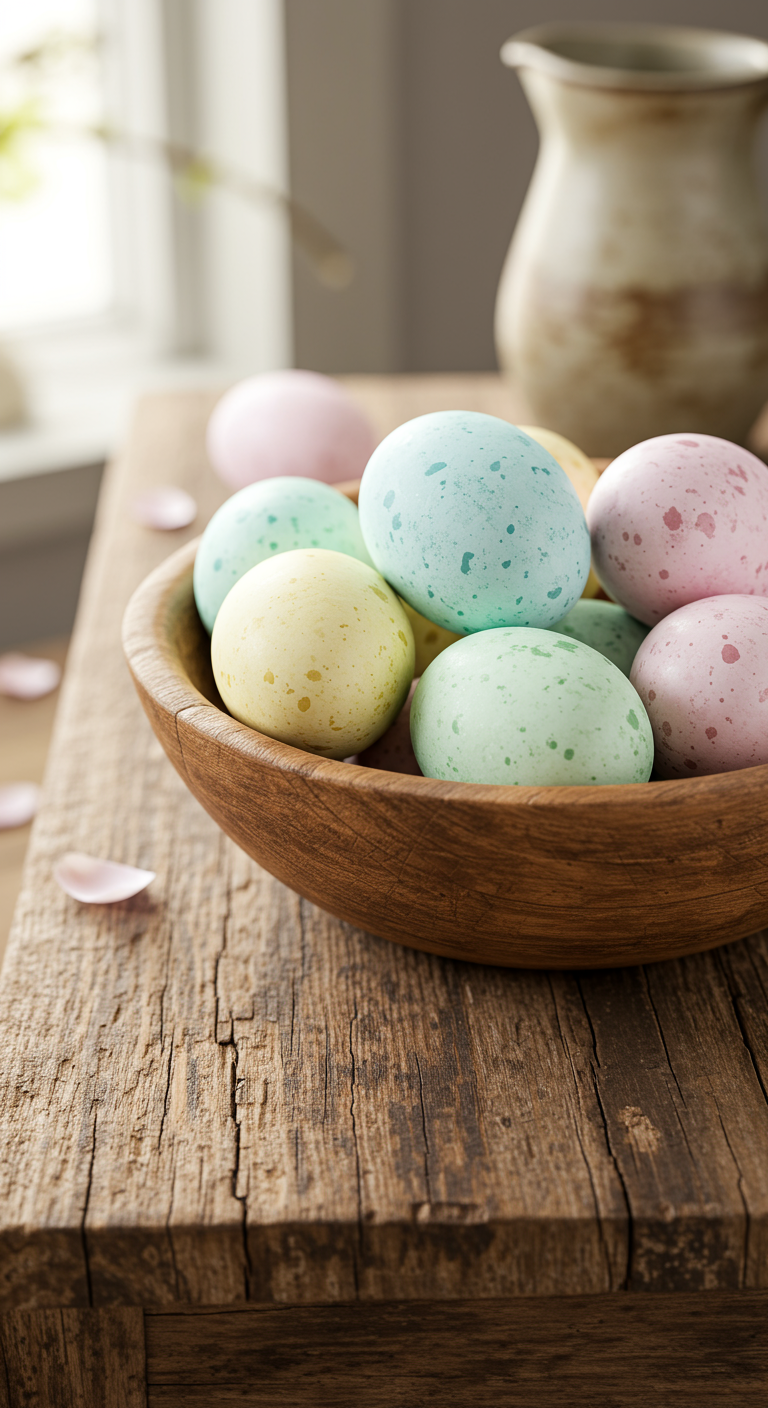 Pastel Easter Dreams - A close-up, photorealistic image of a rustic wooden bowl filled with pastel Easter eggs in soft shades of baby blue, pale yellow, light pink, and mint green. The bowl rests on a vintage, weathered wooden surface with visible cracks and deep wood grain. Each egg has subtle imperfections: uneven color blending, tiny speckles, and natural textures. Soft window light enters from the left, creating gentle shadows and realistic highlights across the eggs and the table. No background blur — include a faded ceramic pitcher and scattered flower petals in the depth of field.