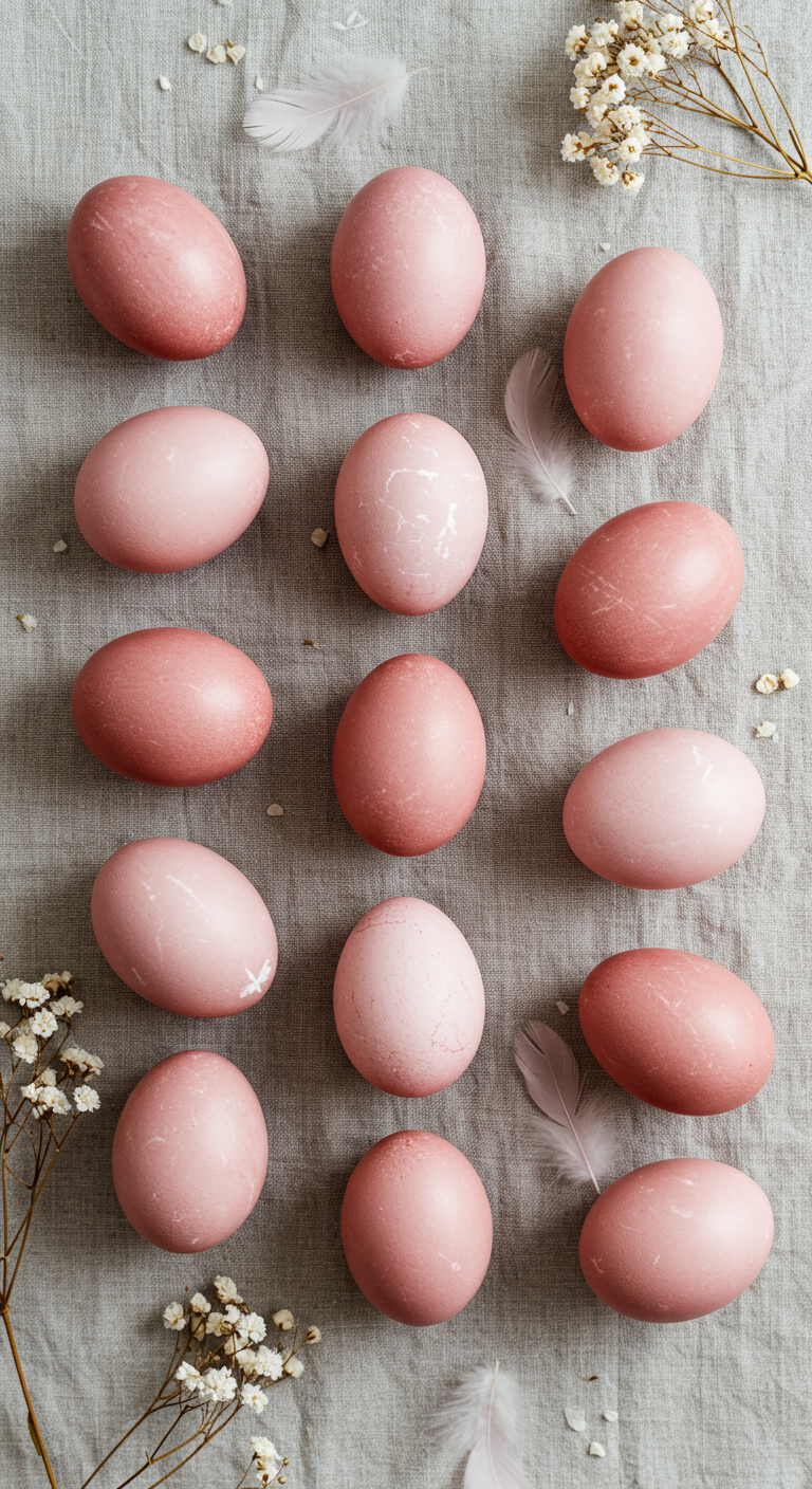 Monochrome Easter - A flat-lay style image featuring a set of pastel pink Easter eggs arranged on an off-white linen tablecloth with visible weave texture. Eggs vary from pale blush to dusty rose, with light imperfections, tiny cracks, and inconsistent dye marks. Dried white flowers and a few delicate feathers are scattered naturally around. Light comes from above, soft and diffused, with minimal shadowing to keep a calm, balanced tone. The scene should feel modern, editorial, and minimalist — everything in focus, nothing artificial or blurred.