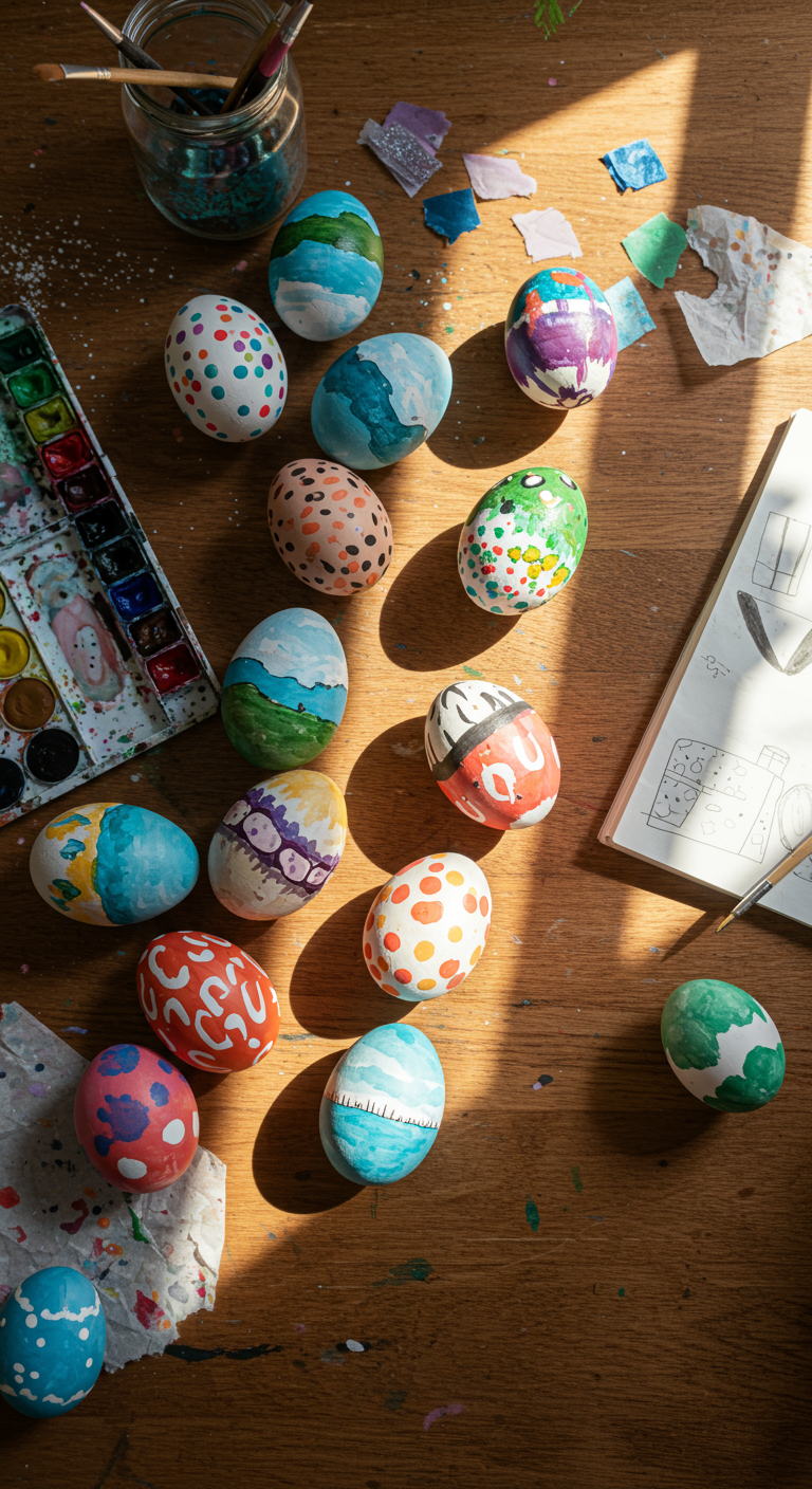 Artsy Easter Flair - A close-up overhead shot of a wooden table used as a crafting station. Painted Easter eggs are scattered across the surface, each one hand-decorated with watercolor landscapes, geometric brush patterns, glitter dots, and abstract designs. Smudges of paint, glitter, and cut fabric pieces are visible around the workspace. A half-used watercolor palette, brushes in a mason jar, and open sketchbook with design drafts are included in frame. Lighting is natural, coming from a large window off to the side, casting long shadows and illuminating textures.
