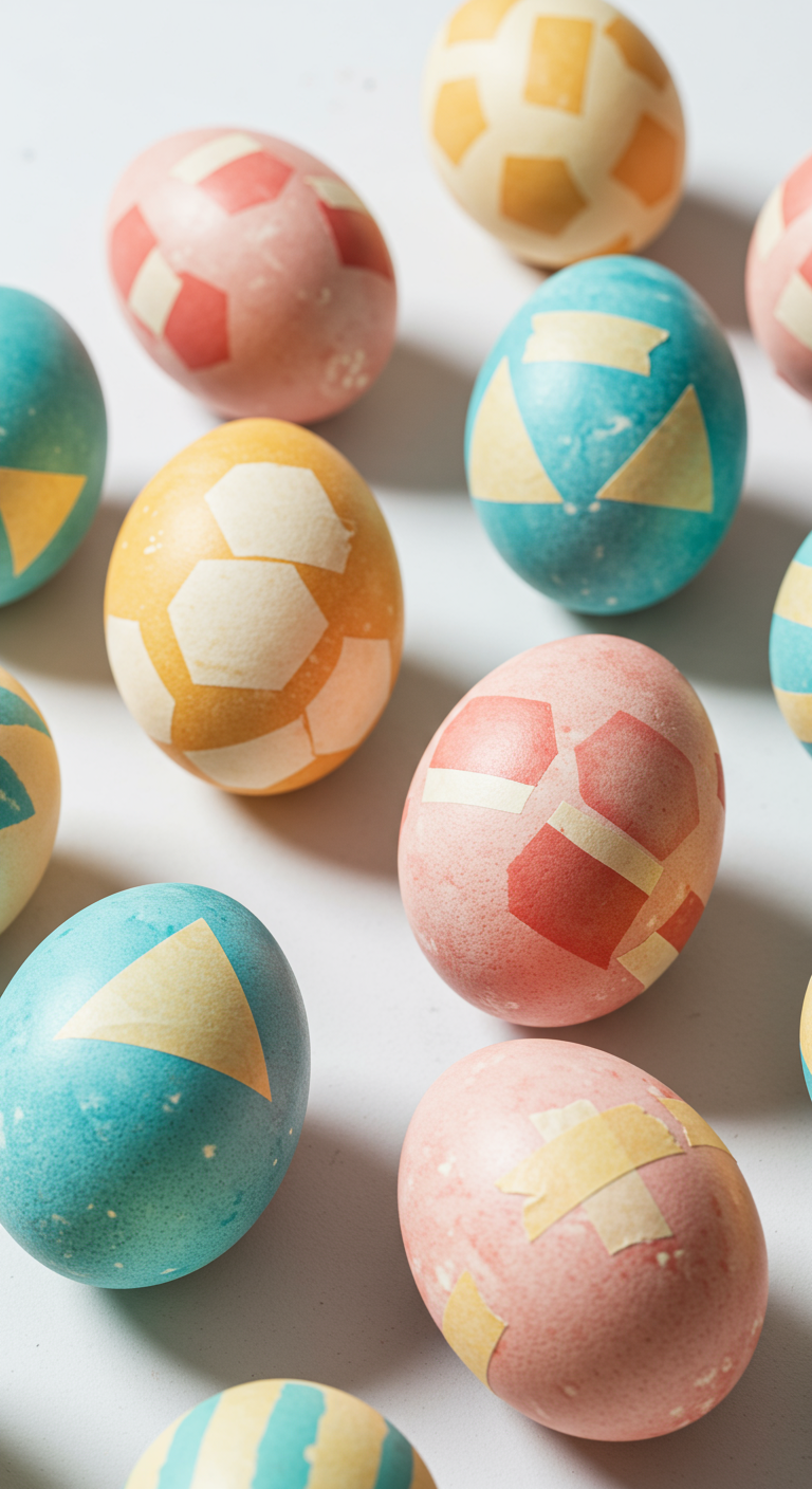 Geometric Easter - Studio-style image of pastel-colored Easter eggs decorated with crisp geometric shapes — triangles, hexagons, squares — made with masking tape resist techniques. The eggs are arranged on a seamless white surface, with visible shadows to emphasize depth. Each egg has slight dye variations and small imperfections, showing the handmade process. Camera is eye-level or slightly top-down, showcasing symmetry and precision. Lighting is cool and even, no harsh contrast, with high clarity on each egg’s surface.