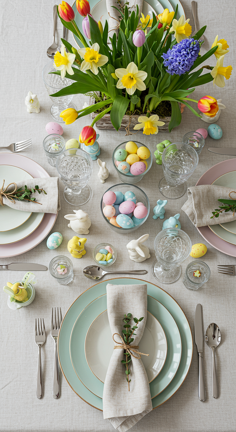 Easter Table Settings - Overhead shot of an intricately decorated Easter dining table, showcasing pastel-colored plates, linen napkins tied with twine and adorned with a single sprig of greenery, and delicate crystal glassware. Scattered amongst the place settings are hand-painted Easter eggs, miniature ceramic bunnies, and small glass bowls filled with colorful jelly beans. The centerpiece features a lush floral arrangement of tulips, daffodils, and hyacinths in a rustic wooden container, with a few petals subtly scattered on the white linen tablecloth, hinting at a natural, slightly imperfect elegance.