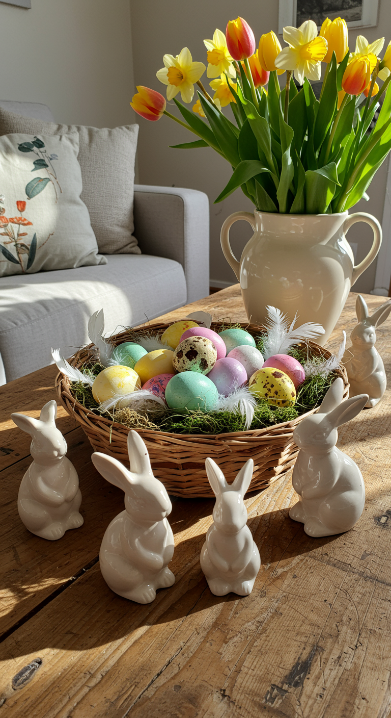Indoor Easter Decor - A sun-drenched living room interior featuring a rustic wooden coffee table adorned with a woven basket filled with vibrantly painted Easter eggs, some slightly chipped, nestled amongst faux moss and delicate pastel-colored feathers. A scattering of ceramic bunny figurines, each with unique imperfections and glazed finishes, are placed artfully around the basket. In the background, a vase overflowing with fresh tulips and daffodils casts a soft, diffused light across the room, illuminating dust motes dancing in the air.