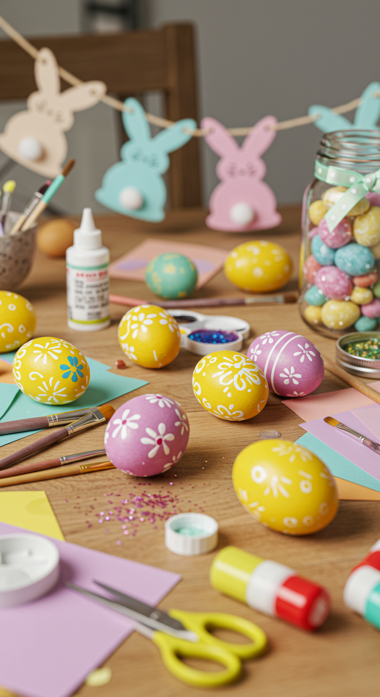 Easter DIY Projects - Close-up, highly detailed photograph of a crafting table covered in Easter DIY project materials. Painted Easter eggs with intricate designs sit amongst colorful craft supplies like paintbrushes, glitter, and pastel-colored paper. A partially completed bunny banner hangs slightly askew in the background, showcasing hand-cut felt shapes. A mason jar filled with Easter candy and adorned with a ribbon sits to the side, with a visible glue smudge adding a touch of realism.