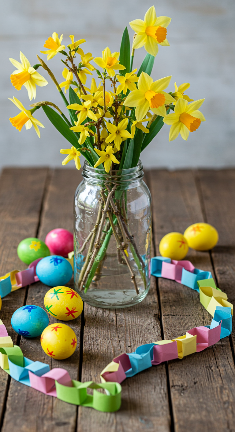 Easter Decorating on a Dime - A brightly lit, close-up photo showcasing a rustic wooden table adorned with Easter decorations made from repurposed materials. An upcycled glass jar, slightly chipped at the rim, serves as a vase holding a small bouquet of forsythia branches and hand-painted paper daffodils. Scattered around the vase are colorful Easter eggs decorated with simple marker designs and a homemade paper chain garland crafted from construction paper, slightly unevenly cut, drapes across the table, adding a touch of whimsy.