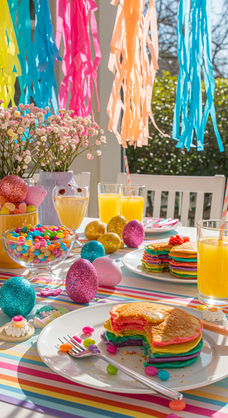 Rainbow Bright Easter Aesthetic - A vibrant Easter brunch scene bathed in bright sunlight. A table laden with rainbow-colored Easter eggs speckled with glitter, neon pink and electric blue streamers cascading from the ceiling, and a rainbow-striped tablecloth slightly wrinkled. A glass bowl overflows with rainbow-colored jelly beans, some scattered on the table, and a half-eaten stack of rainbow pancakes sits on a plate, slightly imperfect in shape.