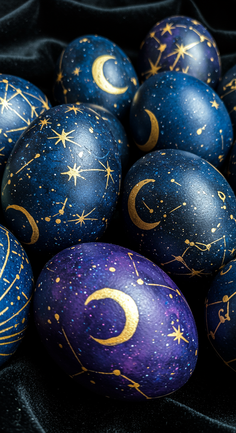 Celestial Easter Wonders - A close-up shot of a collection of Easter eggs decorated with celestial motifs. The eggs are painted in deep blues, purples, and blacks, adorned with intricate patterns of stars, crescent moons, and swirling nebulas using metallic gold and silver paint. Fine speckles of white paint simulate distant stars, and subtle imperfections in the paint application add a handmade quality. The eggs rest on a dark velvet cloth, catching soft, diffused light that highlights the glitter and shimmer of the celestial designs.