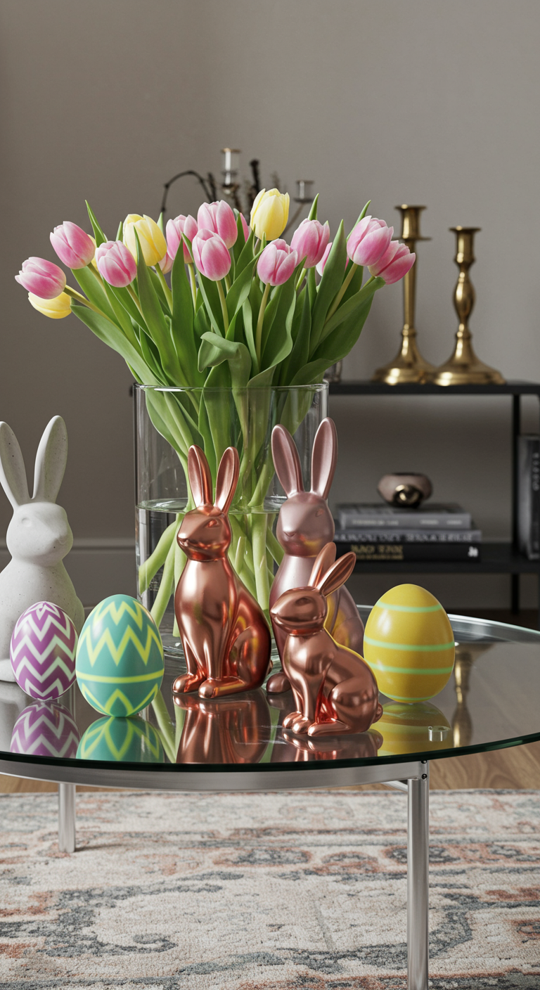 Easter: The Next Generation - A brightly lit, modern living room featuring Easter decorations with a "next generation" aesthetic. Sleek, minimalist bunny figurines in metallic rose gold and concrete are displayed on a glass coffee table alongside geometric patterned Easter eggs in bold neon colors. Imperfectly arranged pastel-colored tulips are in a clear vase, reflecting light and casting subtle shadows on the polished concrete floor. A vintage brass candlestick holder sits slightly askew on a shelf in the background, adding a touch of eclecticism to the scene.
