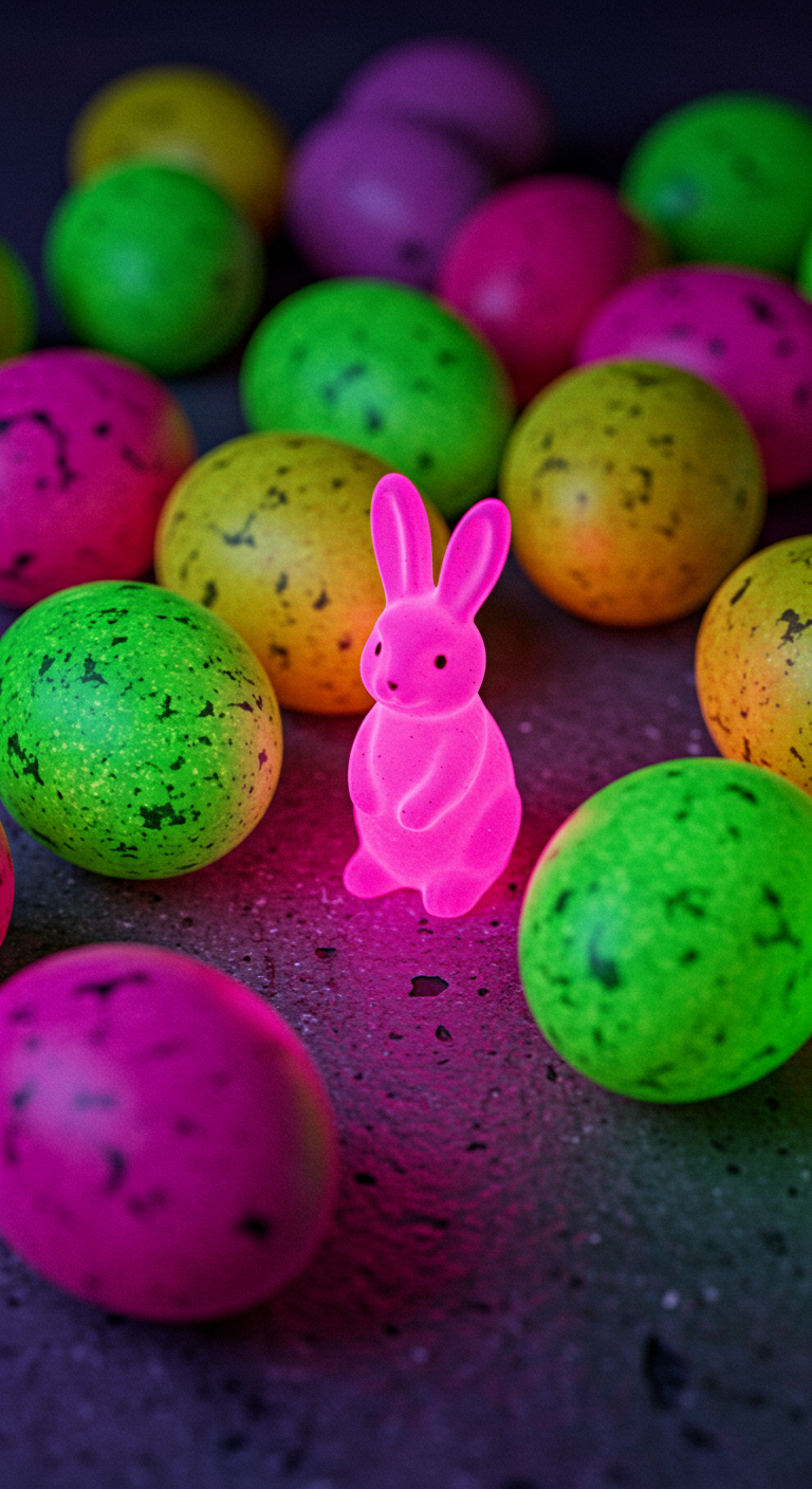 Neon Easter Vibes - A close-up, high-resolution photograph of a collection of Easter eggs, each painted in vibrant, neon colors: electric pink, glowing green, and neon yellow. The eggs are scattered on a textured concrete surface, with subtle imperfections like small cracks and dust particles visible. A single, slightly chipped, neon pink bunny figurine stands amidst the eggs, illuminated by a soft, diffused neon light source casting colorful shadows.