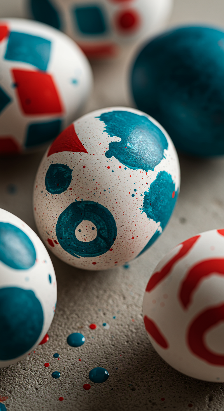 Artsy Abstract Easter - Close-up of Easter eggs decorated in bold, abstract patterns: splatters of vibrant acrylic paint, geometric shapes in contrasting colors, and marbled effects with swirling inks. The eggs rest on a textured concrete surface, with a few stray paint droplets and minor imperfections visible on the eggshells. Soft, diffused lighting highlights the irregular surfaces and raw textures, creating a modern, artistic Easter aesthetic.