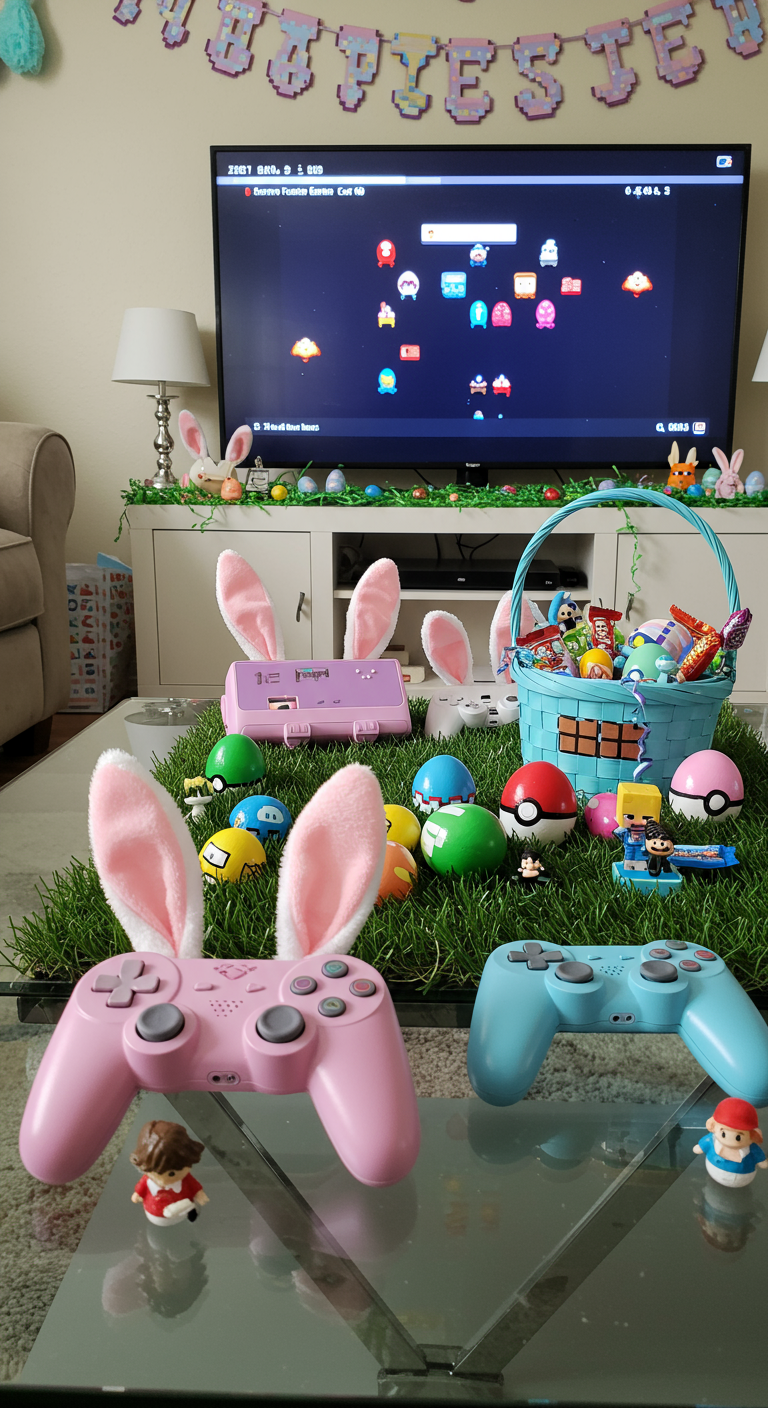 Gamer Easter Aesthetic - A meticulously decorated living room showcasing "Gamer Easter Aesthetic": Pastel pink and baby blue gaming controllers adorned with delicate bunny ears rest on a glass coffee table. Easter eggs painted as detailed Pokemon balls and Minecraft blocks are scattered amongst vibrant green faux grass. A pixel art banner displaying "Happy Easter" hangs above a flat-screen TV displaying a paused retro 8-bit game, creating subtle screen glare. A slightly crooked, hand-painted Mario-themed Easter basket sits on the floor, overflowing with candy and miniature gaming figurines.