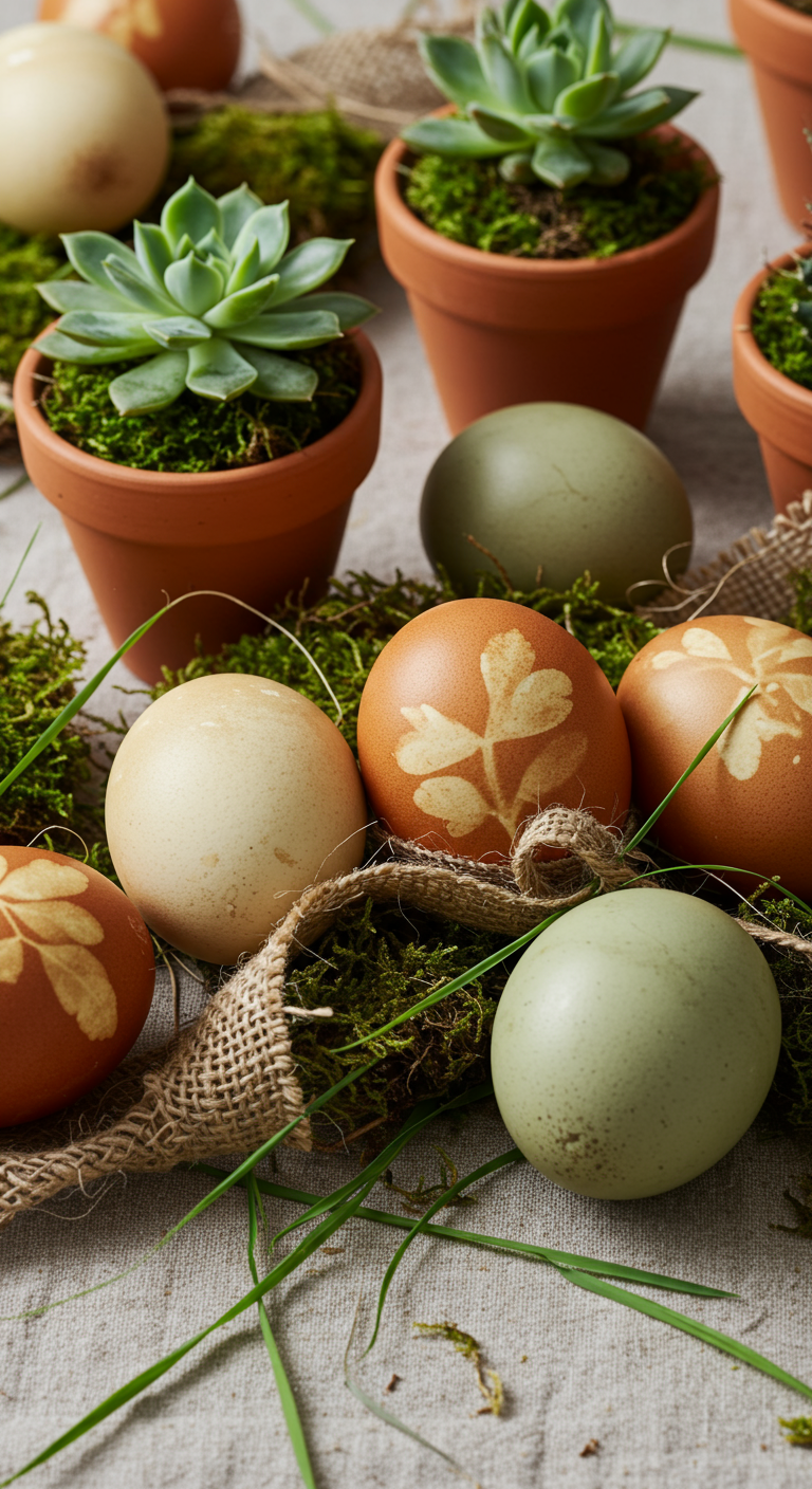 Earthy Tones Easter Decor - A close-up photograph of an Easter table centerpiece featuring naturally dyed eggs in shades of brown, cream, and muted green, nestled amongst sprigs of moss and small succulents in terracotta pots. Burlap ribbon is casually tied around some of the eggs, and a few stray blades of grass are visible on the linen tablecloth. The lighting is soft and natural, with subtle shadows highlighting the textures of the moss and the imperfections in the hand-dyed eggs.