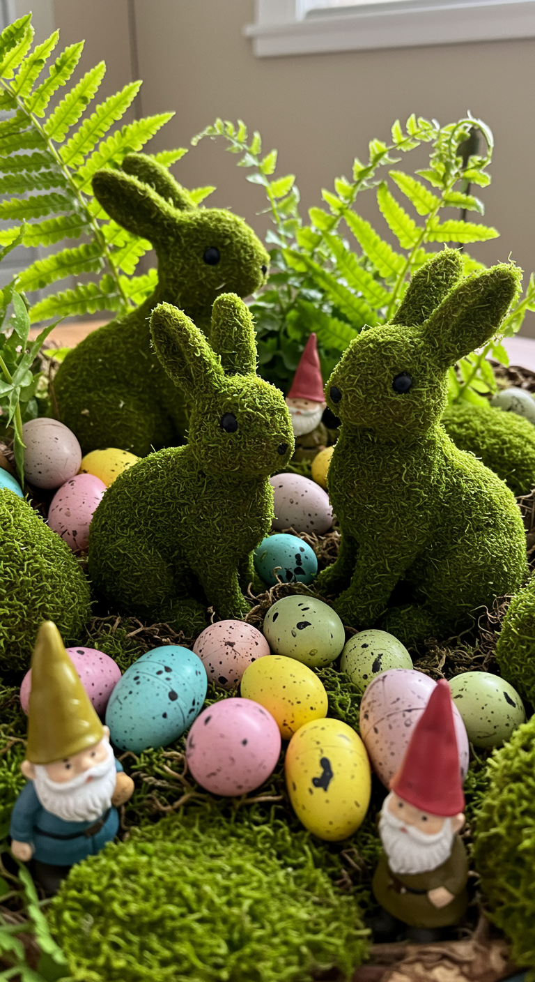 Enchanted Forest Easter - A highly detailed, photorealistic Easter table centerpiece depicting an "Enchanted Forest Easter" theme. Moss-covered bunny figures are nestled amongst real and faux ferns, with pastel-colored, glittery Easter eggs scattered throughout. Miniature gnomes are subtly placed, some slightly off-center, adding to the whimsical atmosphere. The lighting is soft and diffused, mimicking dappled sunlight filtering through a forest canopy, with some areas slightly out of focus to enhance the depth of field.