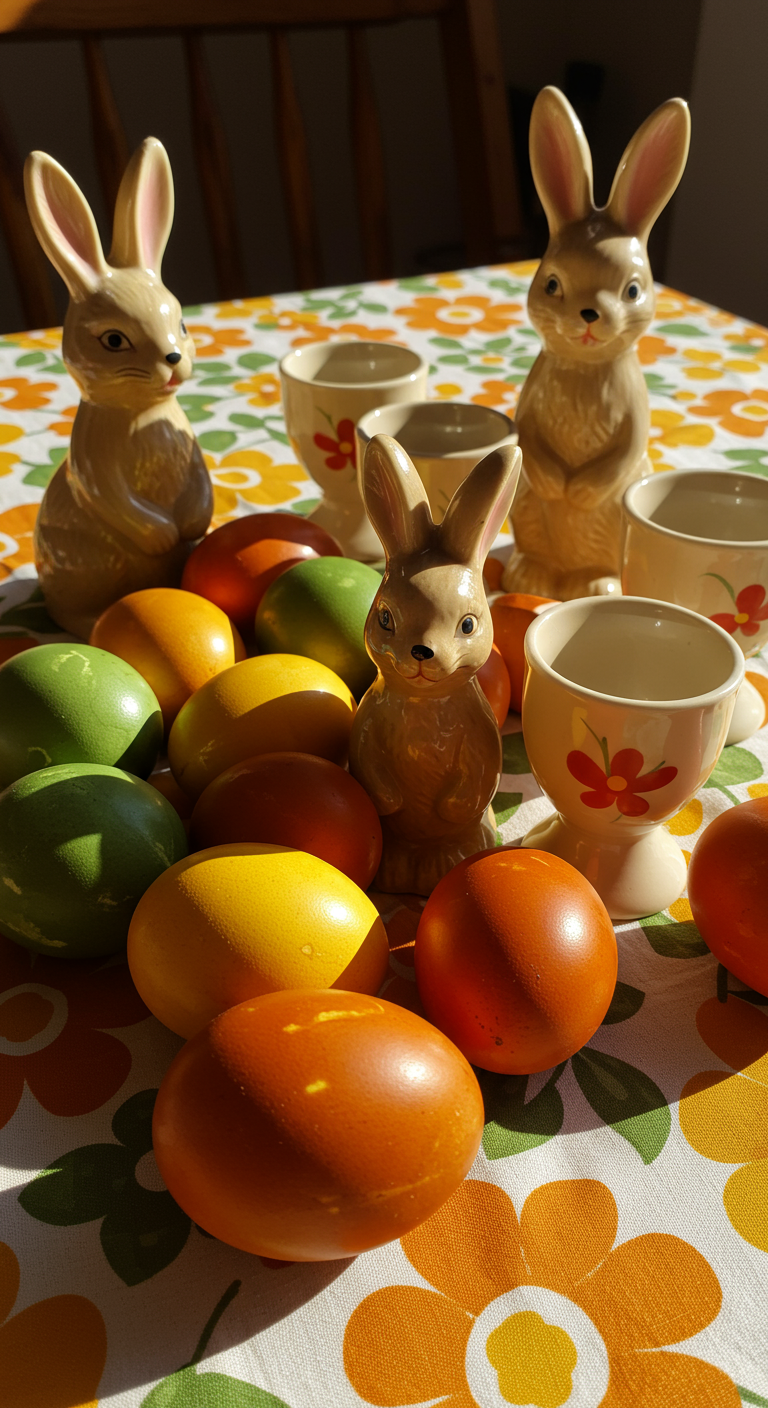 Groovy 70s Easter - A vibrant and detailed photograph of a 1970s-themed Easter table setting. Easter eggs dyed in avocado green, mustard yellow, and burnt orange are scattered amongst a tablecloth featuring a bold floral pattern. Vintage ceramic bunnies and egg cups add to the retro aesthetic. The scene is bathed in warm, slightly diffused sunlight, creating subtle lens flare and revealing minor imperfections in the aged ceramic pieces.