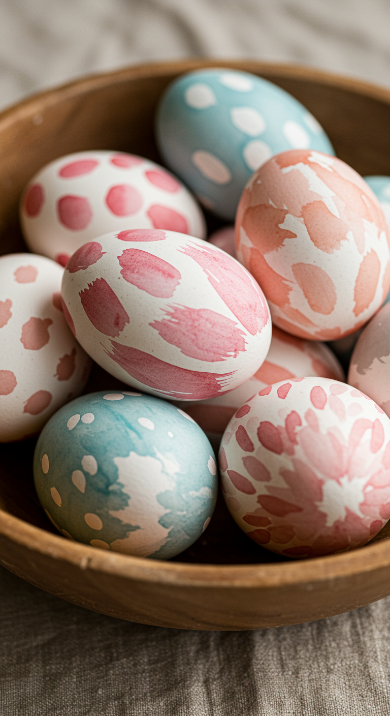 Artsy Easter Aesthetics - Close-up photograph of a collection of hand-painted Easter eggs displayed in a rustic wooden bowl. The eggs feature intricate, abstract designs in pastel watercolor hues, showcasing brushstrokes and subtle imperfections. Some eggs have delicate floral patterns created with fine-tipped paintbrushes, while others display geometric shapes and playful color gradients. The bowl sits on a textured linen tablecloth, with natural light casting soft shadows and highlighting the handmade quality of the decorations.