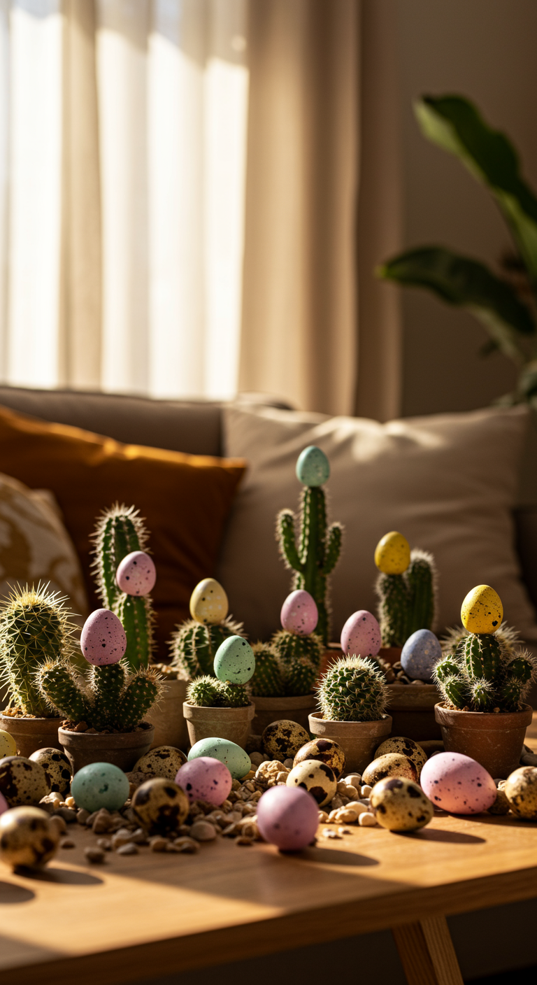 Desert Oasis Easter Vibes - A sun-drenched desert living room decorated for Easter, featuring a variety of succulents and small cacti adorned with miniature, pastel-colored Easter eggs. Sandy brown walls provide a backdrop for a low wooden table scattered with painted quail eggs and smooth, desert rocks. Soft, warm light filters through sheer curtains, casting gentle shadows and highlighting the textures of the cacti and eggs. A few stray spines are visible on the cacti, and some eggs have slight imperfections in their paint, adding to the natural, earthy aesthetic.