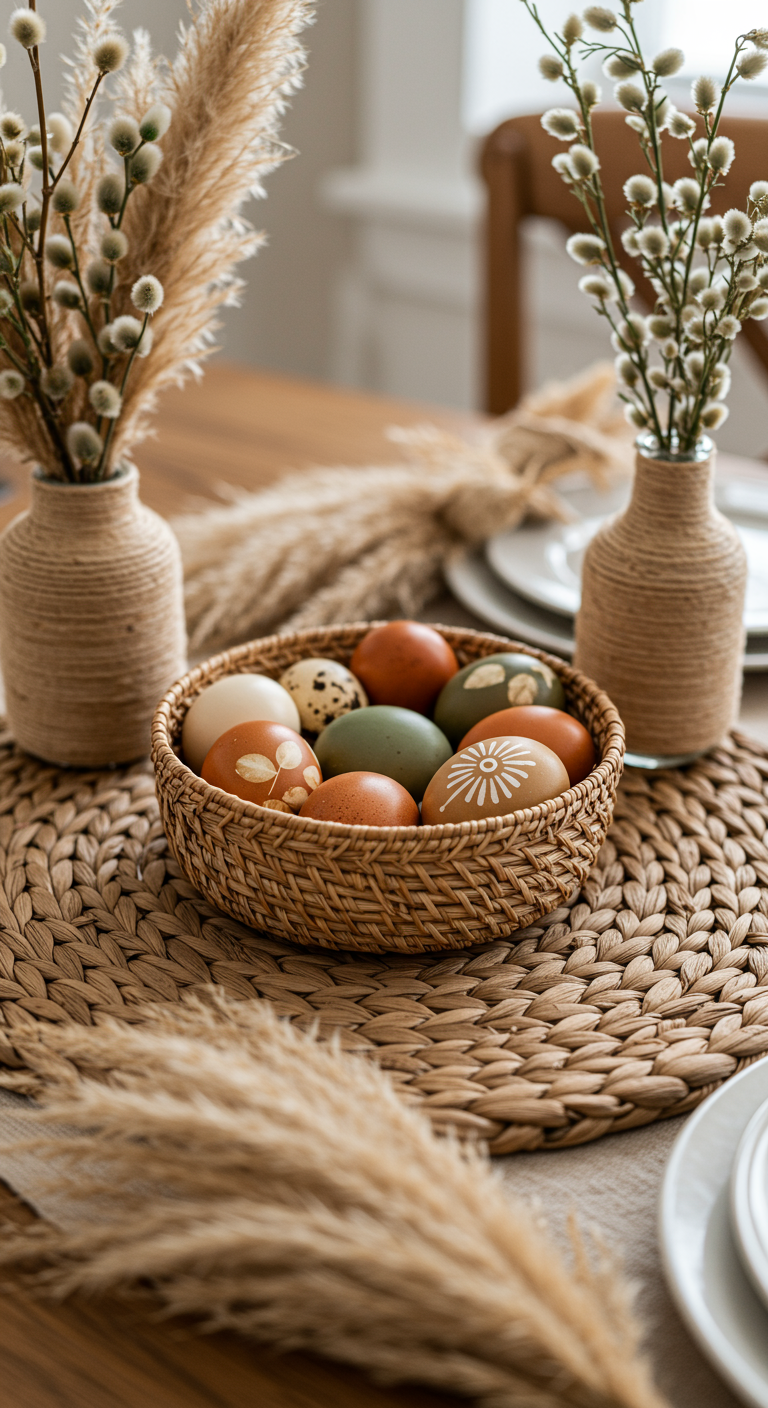 Boho Chic Easter Decor - A close-up of a boho chic Easter table setting featuring a woven basket centerpiece filled with naturally dyed eggs in earthy tones like browns, creams, and muted greens. Pampas grass plumes subtly adorn the table, alongside twine-wrapped vases holding delicate sprigs of greenery. The scene is bathed in soft, natural light, highlighting the textures of the woven materials and the subtle imperfections in the hand-painted geometric designs on the wooden eggs, creating a relaxed and effortlessly stylish aesthetic.