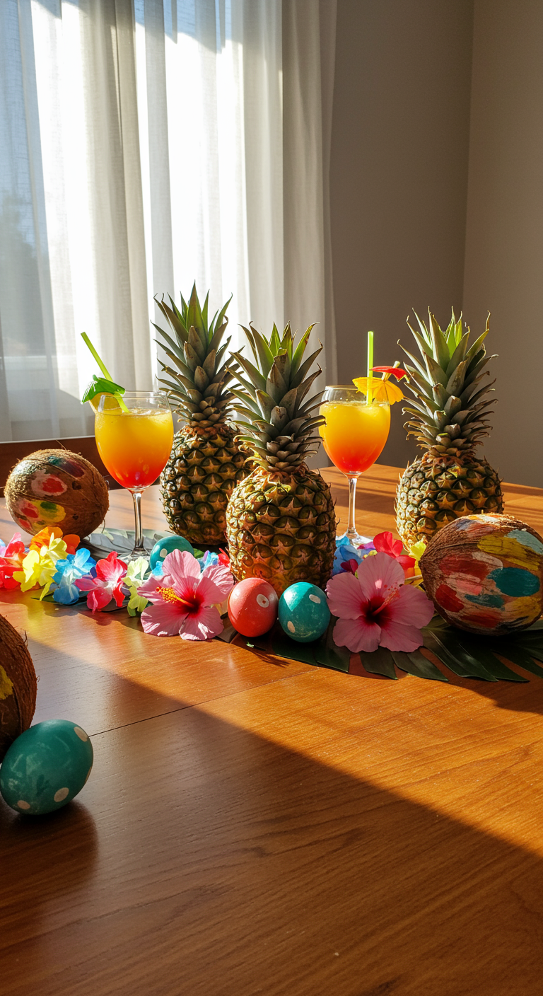 Tropical Easter Getaway - A vibrant Easter celebration with a tropical twist, featuring a table laden with painted coconuts instead of Easter eggs, interspersed with miniature pineapples and vibrant hibiscus flowers. The scene is bathed in the warm glow of sunlight streaming through sheer curtains, casting subtle shadows on the polished wooden table. A colorful lei is draped casually over a pineapple, and condensation glistens on a glass filled with a brightly colored tropical mocktail.