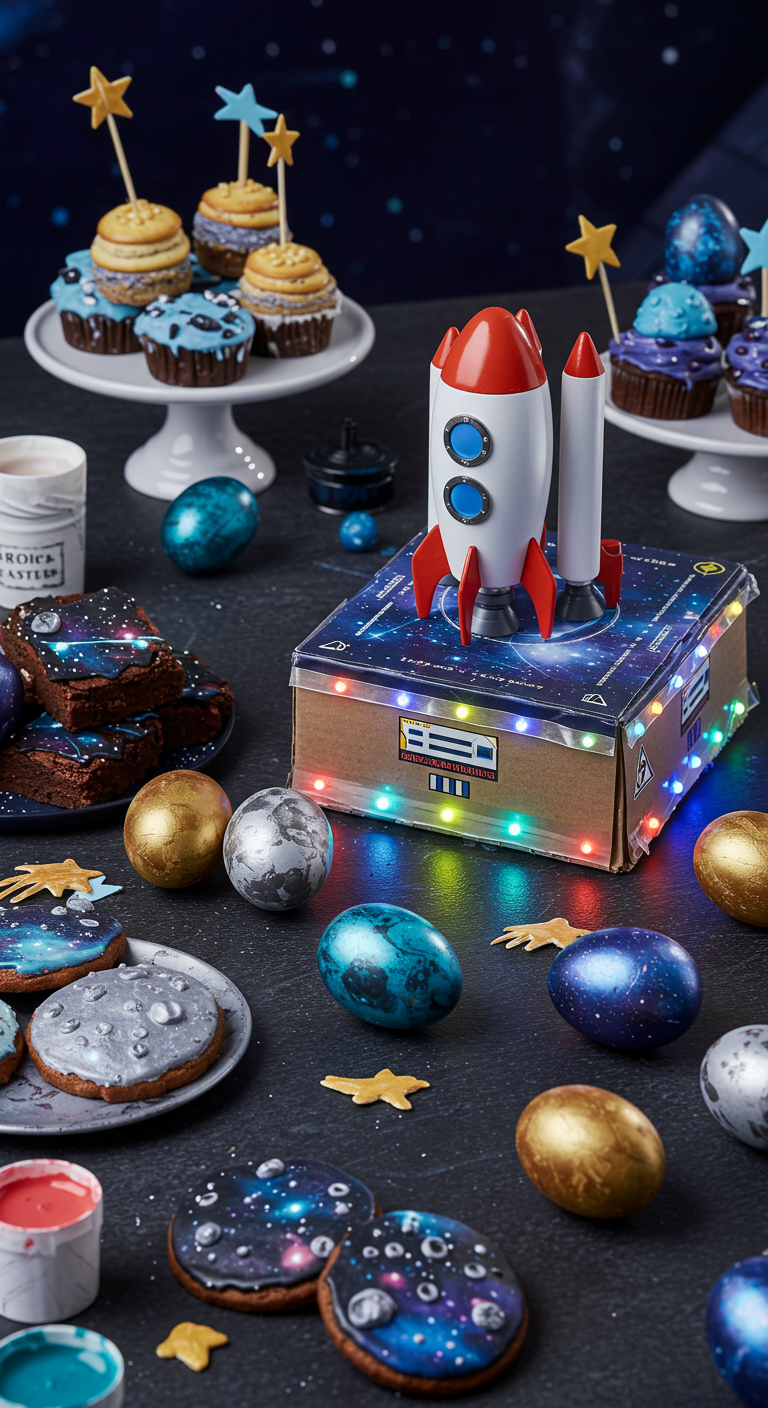 Space Age Easter Fun - A highly detailed, photorealistic image of a futuristic Easter scene. Metallic silver and gold Easter eggs decorated with planets and stars are scattered around a miniature rocket ship, sitting atop a launchpad constructed from cardboard and adorned with flashing LED lights. Cosmic brownies and moon rock cookies are arranged nearby, with iridescent paint splatters subtly visible on the table, suggesting a recent crafting session.