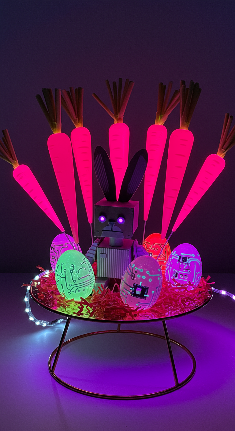 Easter Decor: Back to the Future - A futuristic Easter centerpiece featuring neon pink carrots arranged geometrically on a metallic gold stand. Glow-in-the-dark eggs with circuit board patterns are scattered around a DIY robot bunny constructed from corrugated cardboard. LED strip lights illuminate the arrangement, casting a vibrant glow with slight chromatic aberration and subtle dust motes visible in the light.