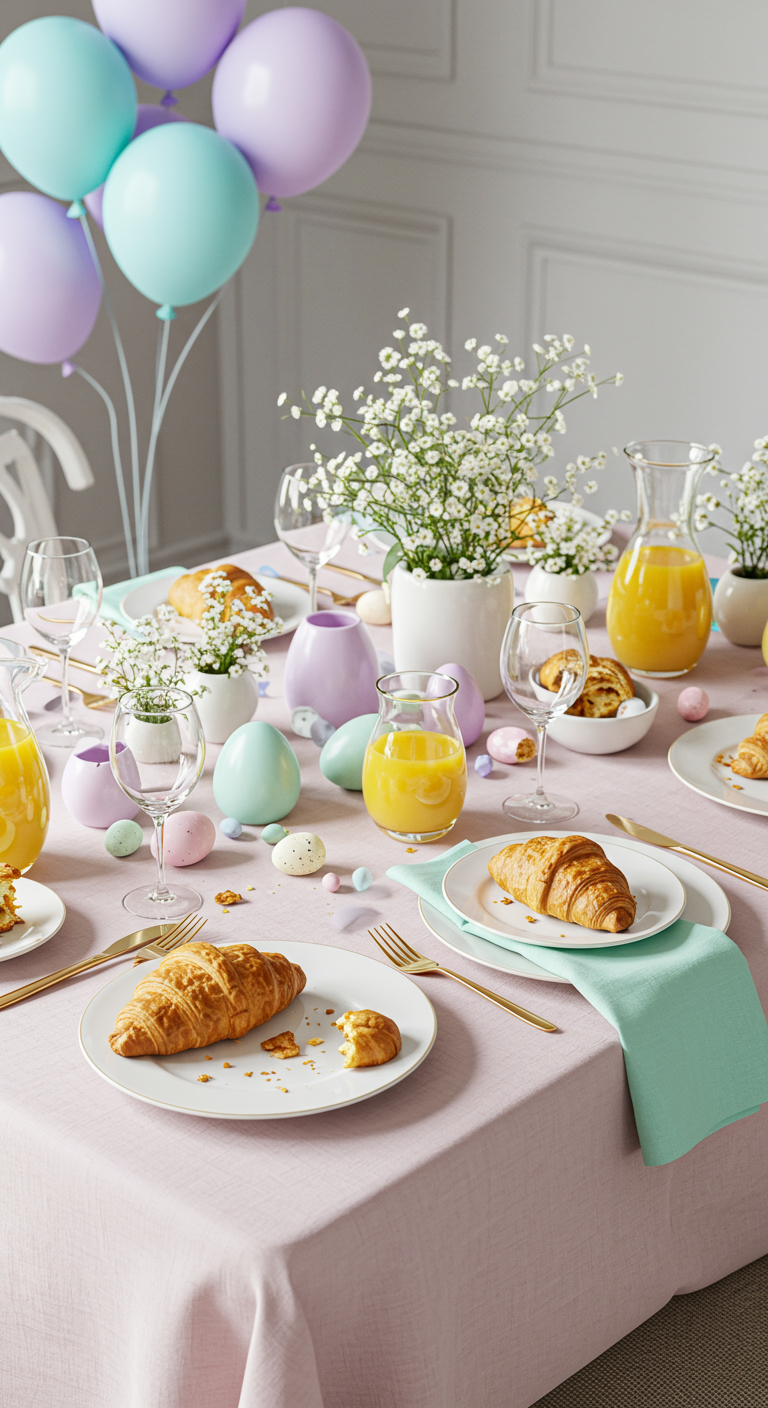 Pastel Paradise Easter Vibes - A meticulously arranged Easter brunch scene bathed in soft, natural light. A table is draped with a light pink linen tablecloth, adorned with a centerpiece of pastel-colored Easter eggs nestled amongst delicate white flowers. Mint green napkins are neatly folded beside porcelain plates, each holding a partially eaten croissant and a scattering of crumbs. Baby blue and lavender balloons are subtly visible in the background, slightly deflated, adding a touch of whimsy.