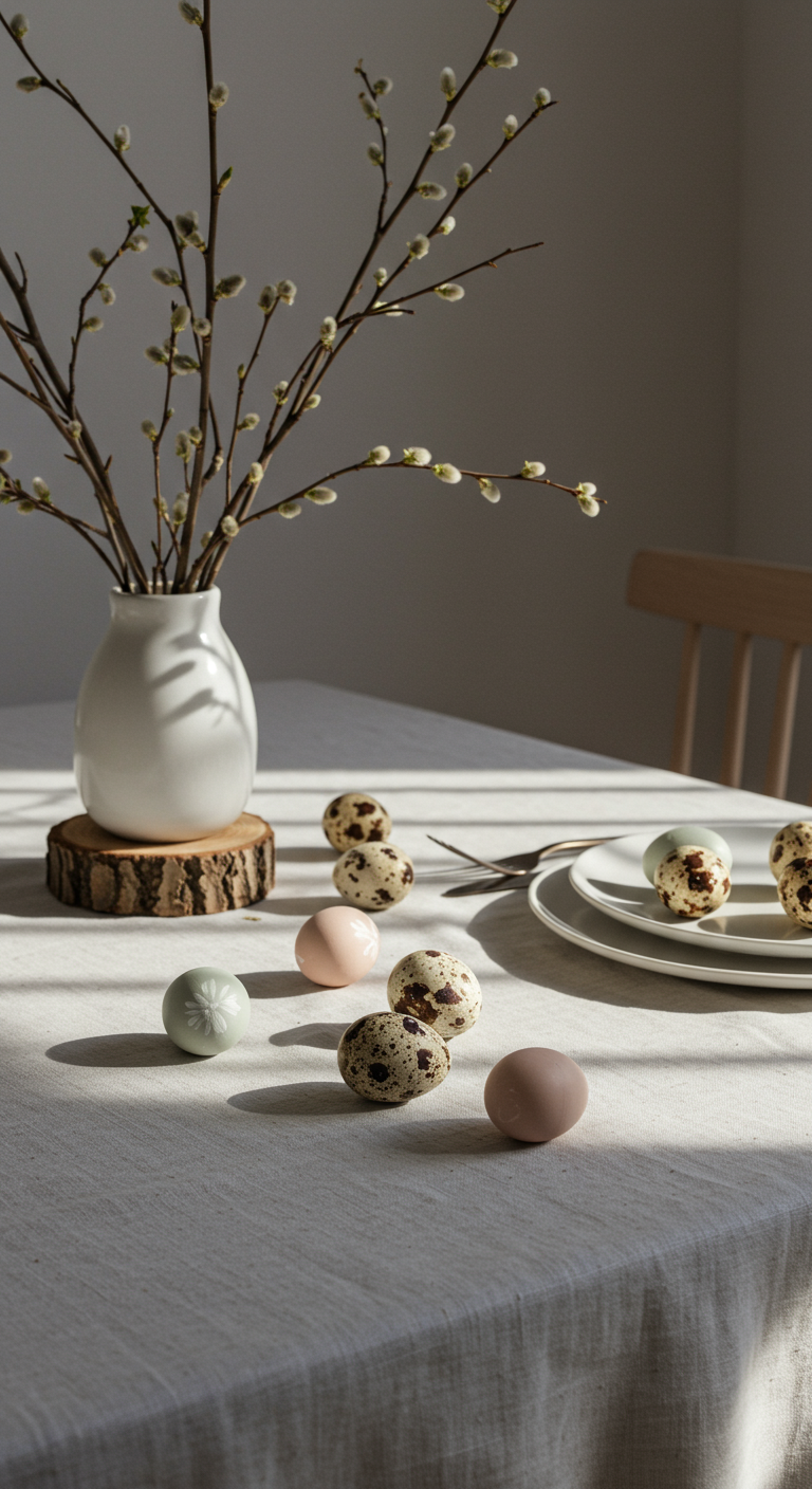 Minimalist Easter Aesthetic - A minimalist Easter table setting featuring a white linen tablecloth, natural wood accents, and a scattering of hand-painted quail eggs in muted pastel tones. A single, slender vase holds delicate budding branches, casting soft shadows across the table. Deliberate imperfections, such as a slight wrinkle in the tablecloth and subtly uneven egg painting, enhance the realistic, understated elegance. The scene is illuminated by soft, diffused natural light, creating a serene and uncluttered atmosphere.
