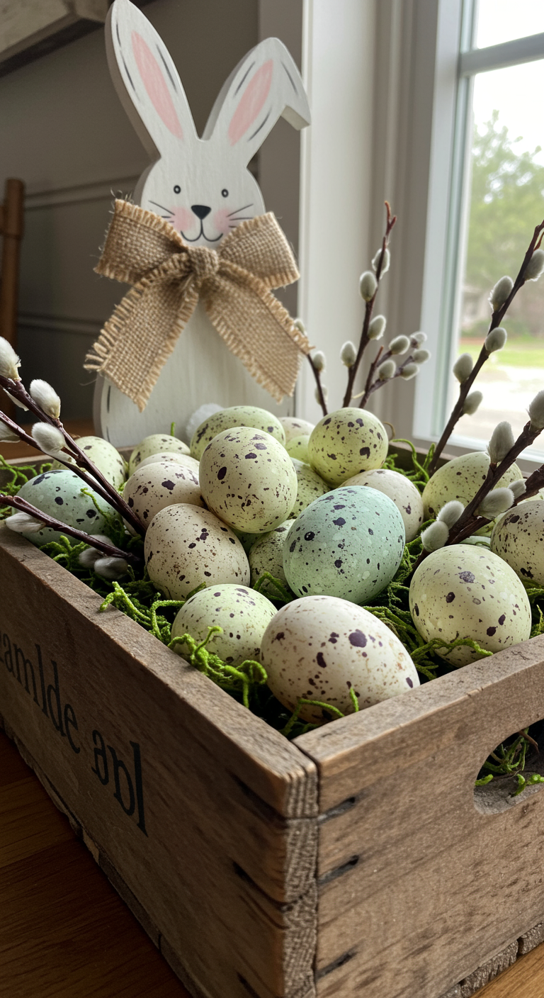 Rustic Farmhouse Easter Decor - Close-up of a rustic farmhouse Easter centerpiece featuring a weathered wooden crate overflowing with pastel-colored speckled eggs, some slightly cracked, interspersed with faux moss and delicate sprigs of budding branches. A hand-painted wooden bunny with a burlap bow leans casually against the crate, its paint slightly chipped revealing the wood grain beneath. Soft, natural light streams in from a nearby window, highlighting the textures of the burlap, wood, and delicate eggshells, creating subtle shadows and imperfections.