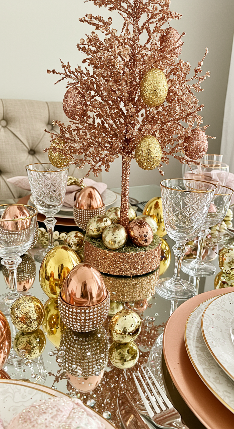 Glam Easter Vibes Only - Close-up of a meticulously decorated Easter table showcasing "Glam Easter Vibes Only." Gold and rose gold metallic eggs, some adorned with sparkling gems, are scattered amongst reflective mirrored surfaces and crystal glassware. A glittery Easter tree centerpiece dominates the scene, casting shimmering light across the arrangement, with a few stray glitter particles visible on the polished table surface.