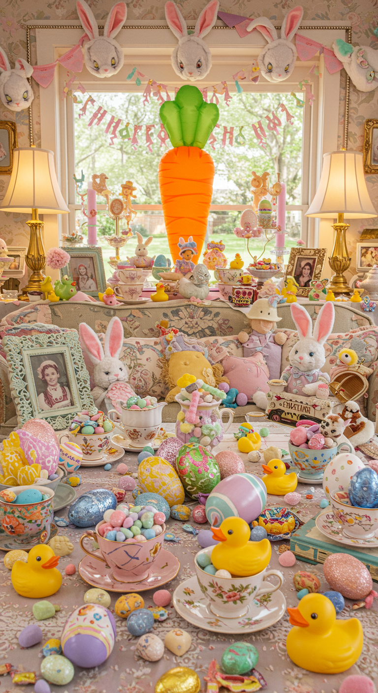 Whimsical Wonderland Easter - A meticulously decorated living room embodies "Whimsical Wonderland Easter," featuring pastel-colored teacups overflowing with colorful candies and small chocolate eggs. Bunny ears adorn various objects, including lamps and picture frames, while a giant inflatable carrot peeks through the window into the yard. Vintage toys, glitter accents, and a few rubber ducks are scattered amongst hand-painted eggs with crazy patterns, all bathed in soft, natural light with slight lens flare and minor imperfections to enhance realism.
