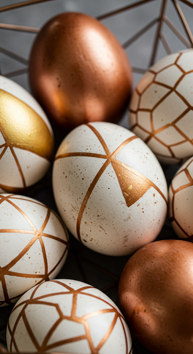 Modern Geometric Easter - A close-up photograph of a collection of Easter eggs decorated with intricate geometric patterns. The eggs, made of varying materials such as wood and ceramic, display sharp lines and cool shapes, including triangles, hexagons, and minimalist designs. Metallic accents in gold and copper add a modern touch, and the eggs are arranged in a geometric wire basket. Subtle imperfections, like slight smudges of paint and minor scratches on the metallic surfaces, enhance the realism of the image.