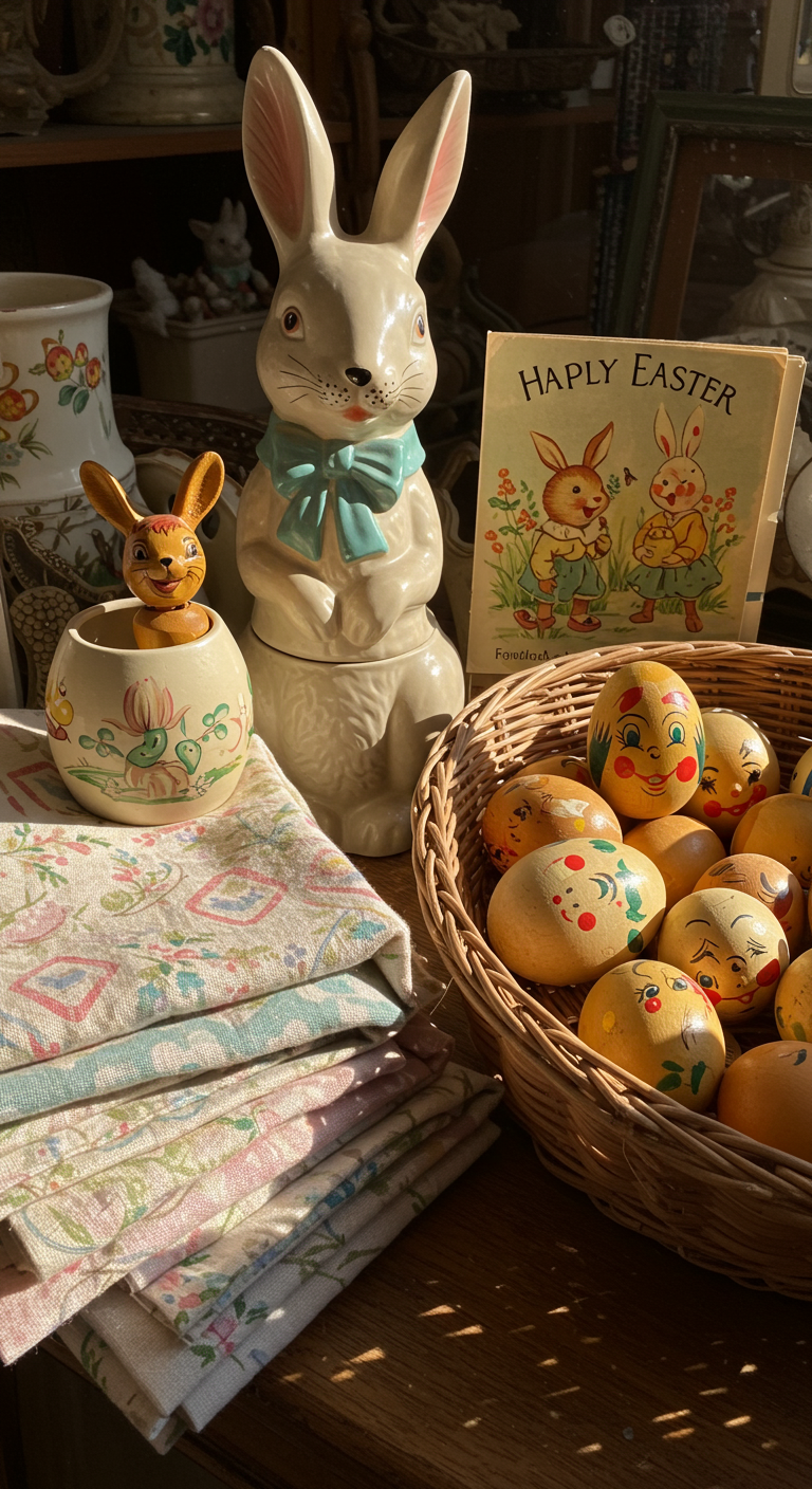 Vintage Easter Charm - A sun-drenched antique shop display showcasing vintage Easter decorations. A slightly chipped ceramic bunny sits beside a stack of faded pastel-colored tablecloths. Hand-painted wooden eggs with whimsical faces rest in a wicker basket, some showing signs of wear and faded paint. An old-fashioned Easter card with slightly yellowed edges leans against the basket, completing the nostalgic scene.