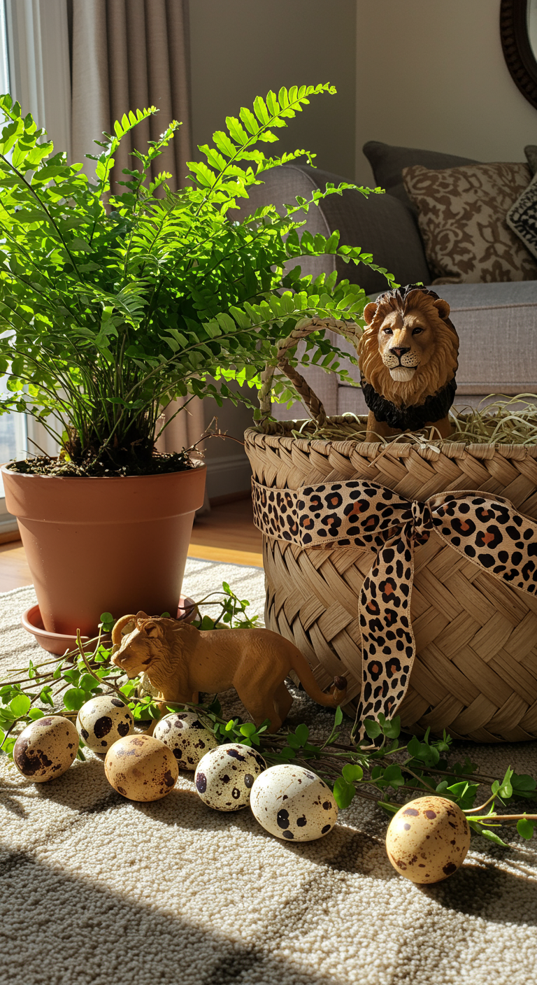 Safari Easter Adventure - A sun-drenched living room scene showcasing a Safari Easter Adventure theme. A woven basket, subtly adorned with a leopard-print ribbon, rests near a potted fern. Scattered around the base of the plant are speckled Easter eggs in earthy tones, partially obscured by faux vines. A small, realistically detailed toy lion peeks out from behind the basket, its fur slightly matted, suggesting it's a well-loved toy. The scene is bathed in warm, natural light, casting soft shadows that highlight the textures of the woven basket and animal print ribbon.
