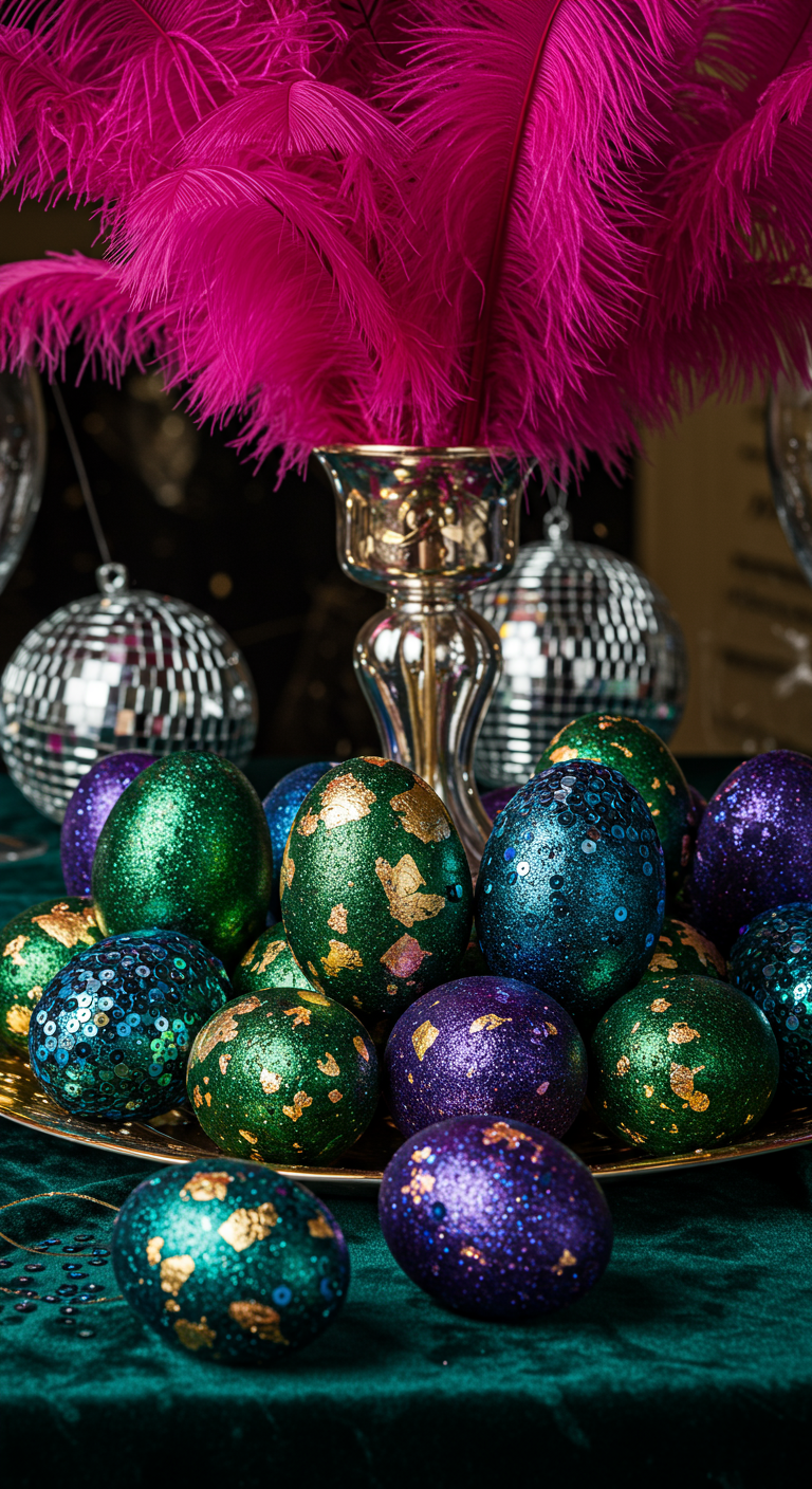 Hollywood Easter Glam - A lavishly decorated Easter table overflowing with shimmering emerald green and sapphire blue eggs adorned with gold leaf and sparkling sequins. Feathers, dyed in vibrant hot pink, cascade from a crystal vase centerpiece, reflecting light onto a plush velvet tablecloth. A disco ball hangs subtly in the background, casting fragmented light across the scene, with a few sequins slightly askew on one of the eggs, revealing a touch of imperfection.