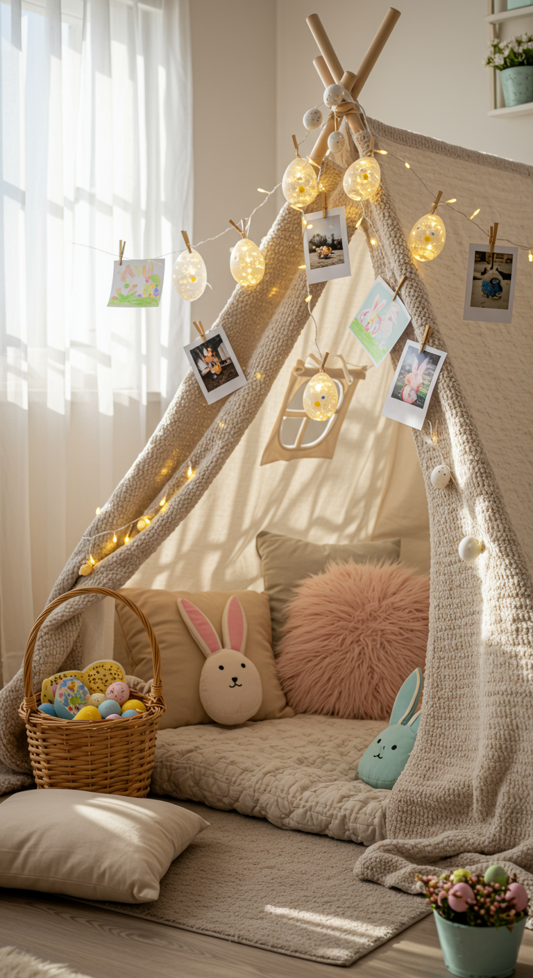 Easter Hideout - A cozy, pastel-colored Easter hideout in a sunlit room, featuring a small indoor tent draped with soft blankets and adorned with bunny-shaped fairy lights. Easter-themed cushions and a woven basket filled with colorful eggs and treats are scattered around the entrance. Handmade Easter decorations, including drawings and photos, hang from the tent's interior, casting gentle shadows; slight imperfections in the tent's fabric and minor wear on the surrounding furniture add a touch of realism.