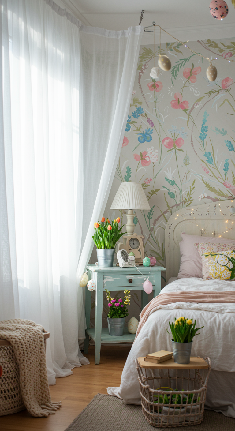 Glow-Up Easter Room - Sun-drenched bedroom, transformed for Easter, featuring sheer white curtains billowing in a gentle breeze. Pastel-colored accent wall, adorned with hand-painted floral designs, complements repurposed furniture creatively embellished with metallic Easter egg accents. String lights with delicate egg-shaped covers cast a warm glow across the room, illuminating potted plants and freshly cut flowers arranged on a bedside table, showcasing a blend of renewed energy and resourceful decoration.