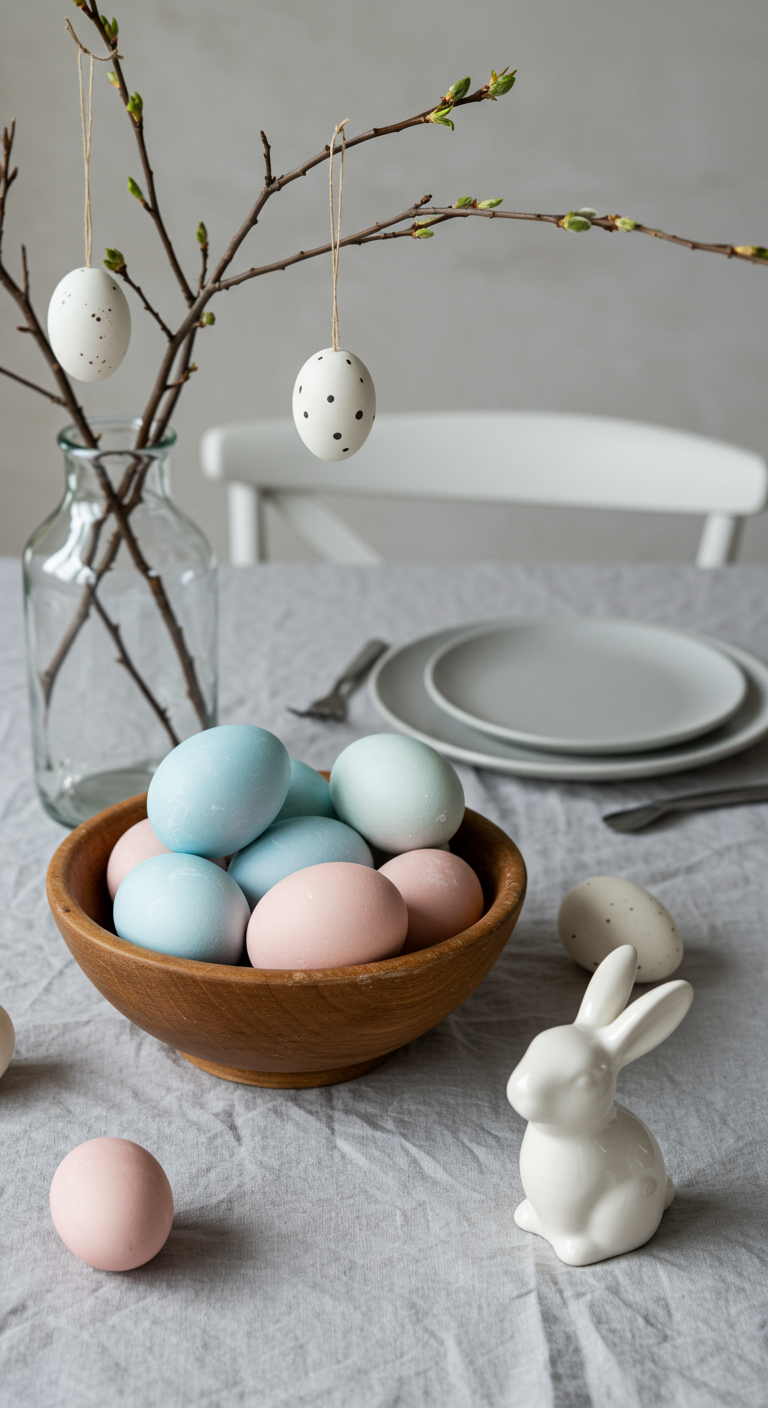 Minimalist Easter Decor - Close-up of a minimalist Easter table setting featuring a shallow wooden bowl filled with a collection of naturally dyed eggs in soft pastel colors, including light pink, baby blue, and pale yellow. The eggs have subtle imperfections in their coloring, suggesting a hand-dyed process. A single, slender branch with delicate budding leaves is arranged in a clear glass vase, adorned with a few hand-painted white ceramic egg ornaments hanging from thin, barely visible threads. The table is covered with a subtly wrinkled, light gray linen runner, and a small, matte white ceramic bunny figurine sits discreetly to the side, slightly off-center.