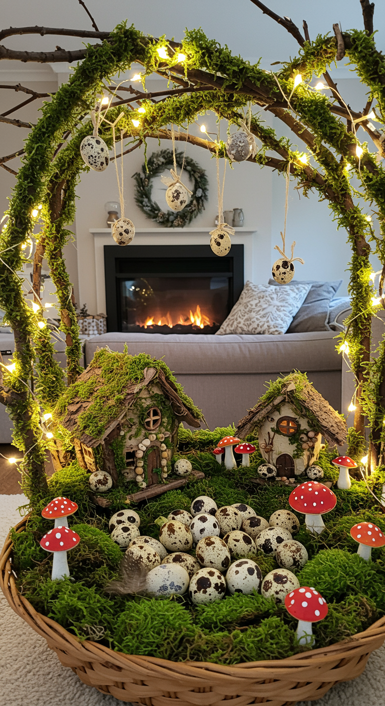 Enchanted Forest Easter - A living room transformed into an enchanted forest for Easter. Moss-covered branches arch overhead, strung with delicate, warm white fairy lights, casting dappled shadows. A rustic woven basket overflows with speckled quail eggs nestled amongst vibrant green moss, with scattered faux mushrooms of varying sizes at its base. Tiny, handcrafted fairy houses constructed from twigs, leaves, and bark are subtly placed throughout the scene, with a slightly crooked roof on one, adding to the whimsical charm.