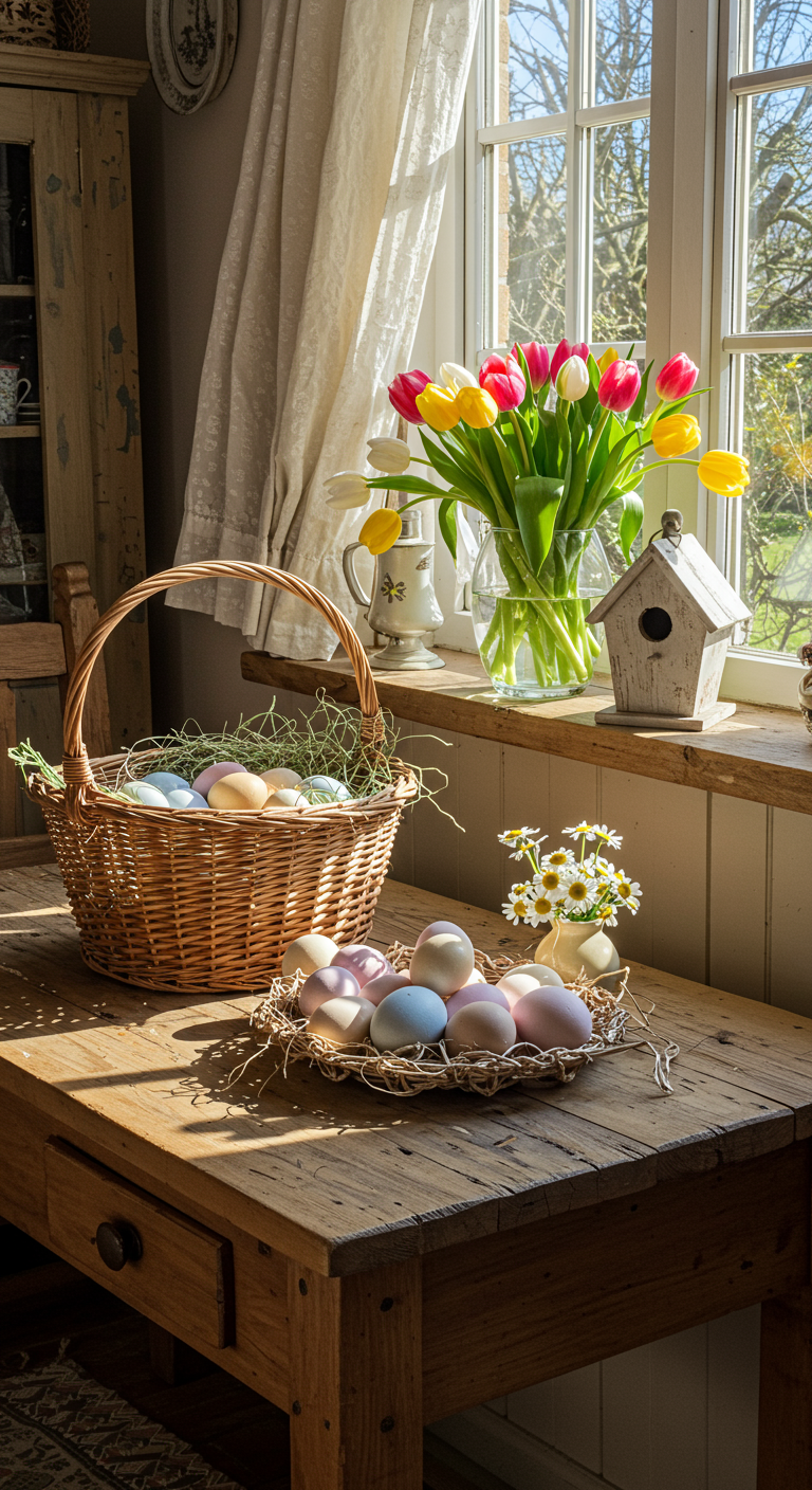 Cottagecore Easter Vibe - A sun-drenched cottage interior, decorated for Easter with a distinct cottagecore aesthetic. A rustic wooden table is laden with a woven basket overflowing with naturally dyed Easter eggs in soft pastel hues, alongside a vase of blooming tulips and daisies. Sunlight streams through a window, illuminating dust motes dancing in the air and highlighting the slightly chipped paint on a vintage birdhouse perched on the windowsill.