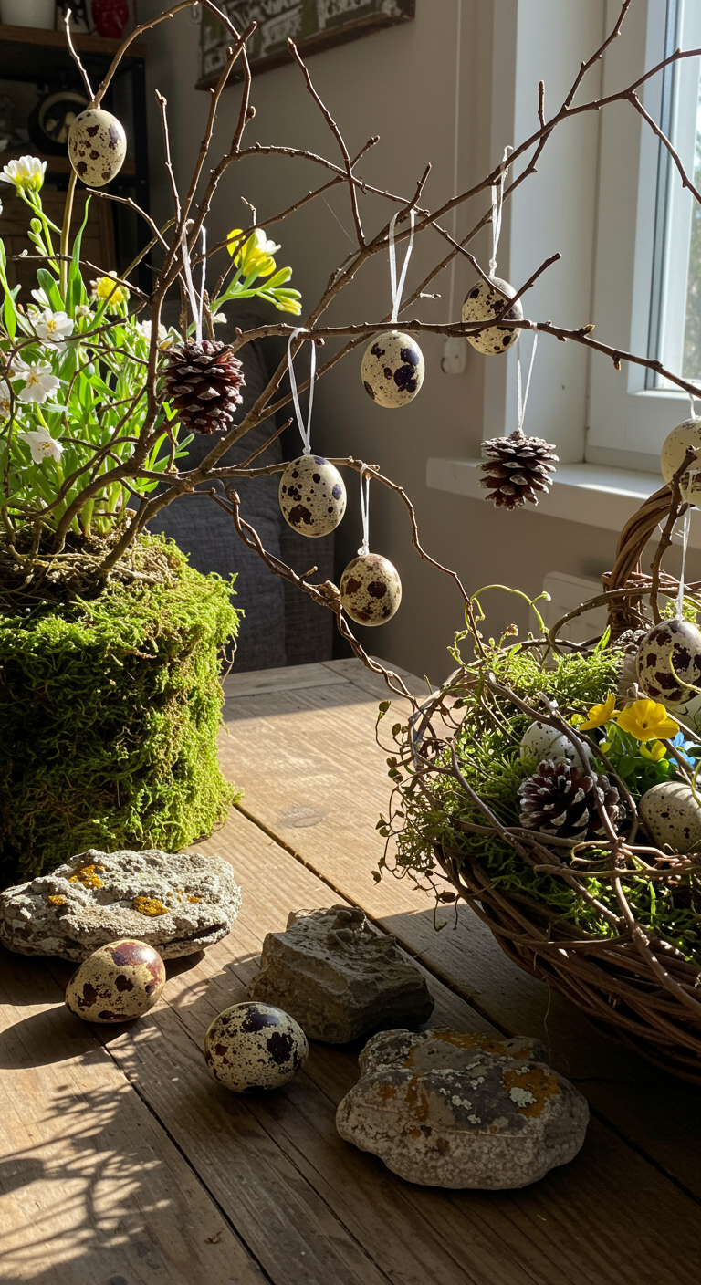 Wild Easter Decor - A living room centerpiece featuring foraged branches adorned with brightly painted pinecones and speckled quail eggs. A moss-lined basket overflows with wildflowers and twisted vines, casting dappled shadows on a worn wooden table. Scattered around the base are irregularly shaped rocks, some with patches of lichen, adding an untamed, organic feel. The scene is lit by natural sunlight streaming through a slightly dusty window, highlighting the textures and imperfections of the wild Easter decor.