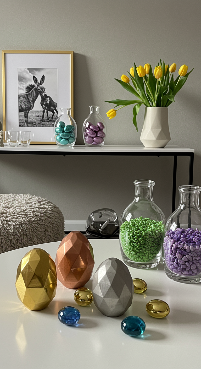 Modern Easter Space - A modern living room decorated for Easter. Geometric metallic eggs in gold, silver, and copper are scattered on a white coffee table. Clear glass vases filled with colorful polished rocks replace traditional Easter grass on a sleek console table. A simple arrangement of spring tulips in a minimalist ceramic vase sits on a side table, with subtle dust particles visible in the air.