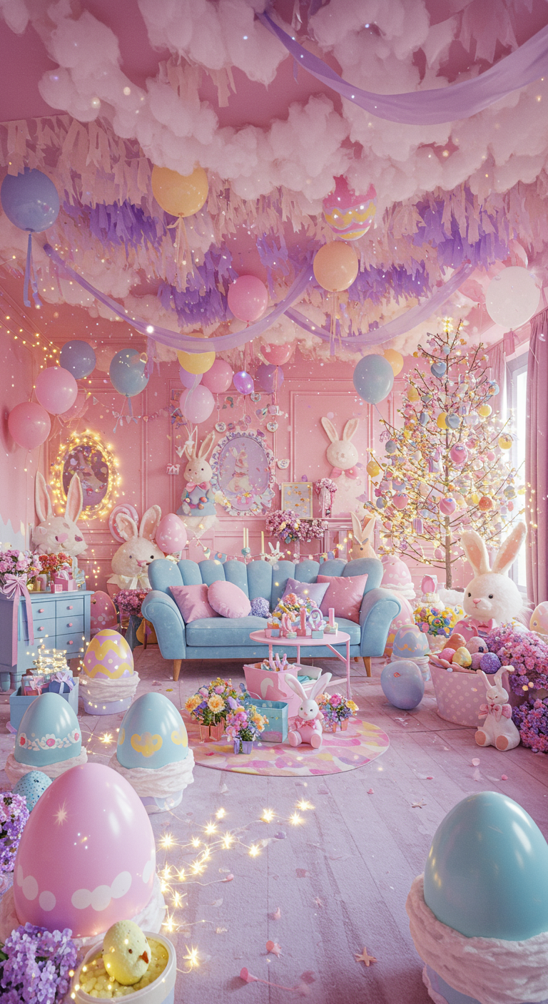 Fantasy Easter Room - A hyperrealistic, wide-angle photograph of a "Fantasy Easter Room." Pastel pink walls are adorned with lavender accents, while baby blue furniture is scattered throughout the scene. The ceiling is draped with streamers and balloons, creating a cloud-like effect, and battery-operated fairy lights are strung around the furniture and walls, adding a touch of sparkle. Oversized, painted Easter eggs and giant, fluffy bunnies are prominently displayed, and a "magical" Easter tree decorated with candy and ribbons stands in the corner.