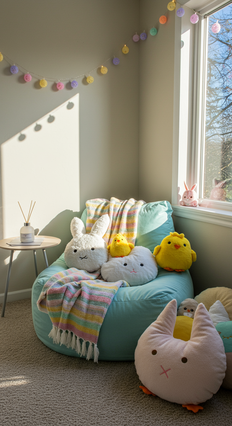 Easter Chill Zone - A sun-drenched corner of a living room transformed into an "Easter Chill Zone." A plush, light-blue beanbag chair sits beside a window, draped with a soft, pastel-striped blanket. Several fluffy pillows in the shapes of bunnies and chicks are scattered around the chair, with a small, round wooden table nearby holding a diffuser emitting a faint mist. Imperfectly hung pastel fairy lights twinkle softly in the background, casting gentle shadows on the wall.