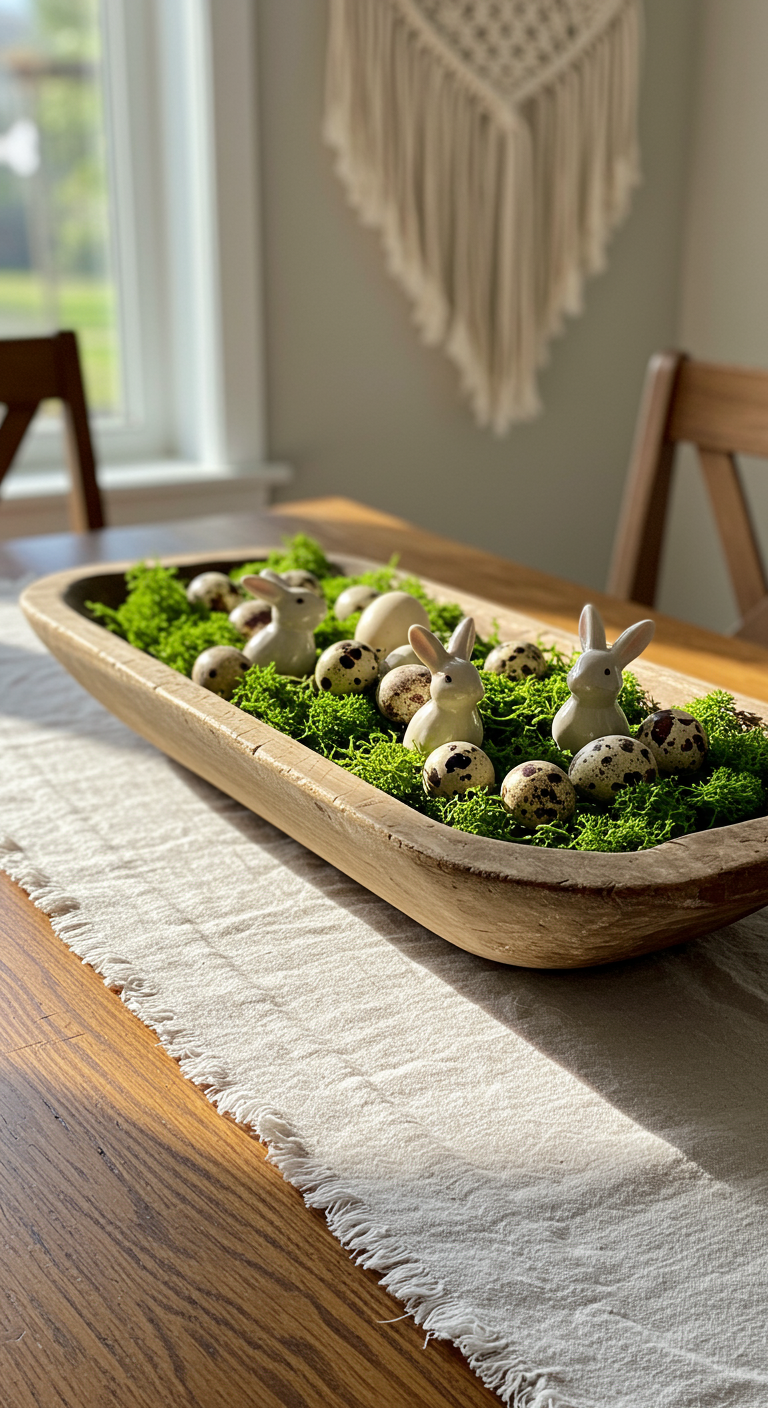 Boho Easter Decor - A dining table centerpiece featuring a weathered wooden bowl filled with green moss, speckled quail eggs, and miniature ceramic bunny figurines in muted pastel colors. A hand-dyed, off-white linen table runner with slight wrinkles and fraying edges sits beneath the bowl. Soft, natural light streams through a nearby window, casting subtle shadows and highlighting the textures of the moss and eggs. In the background, a partially visible macrame wall hanging adds a touch of bohemian texture to the scene.