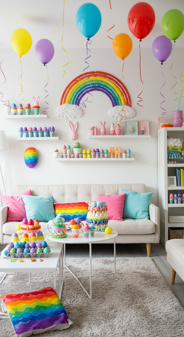 Rainbow Easter Room - A brightly lit, modern living room transformed for Easter with a rainbow color scheme. White walls serve as a backdrop for vibrant decorations, including clusters of rainbow-colored Easter eggs arranged artfully on shelves and tables. Rainbow streamers cascade from the ceiling, intermingling with colorful balloons, while a rainbow-striped tablecloth adorns a central table. Slight imperfections in the egg paint and minor wrinkles in the streamers add to the realistic, lived-in feel.