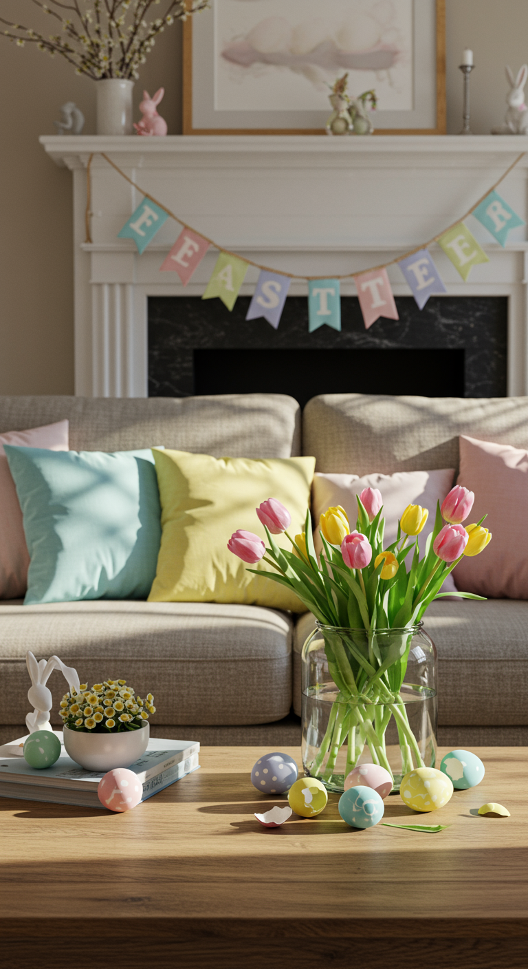 Easter Room Makeover Magic - A sun-drenched living room subtly decorated for Easter. Pastel throw pillows in pink, blue, and yellow adorn a neutral-colored sofa, with a hand-sewn Easter banner strung across the fireplace mantel. A simple coffee table centerpiece features a glass vase filled with tulips and a scattering of painted eggs, some slightly cracked, adding a touch of rustic charm. The scene is captured in a realistic style, with soft, natural lighting and a shallow depth of field, emphasizing the cozy, lived-in atmosphere of the room.