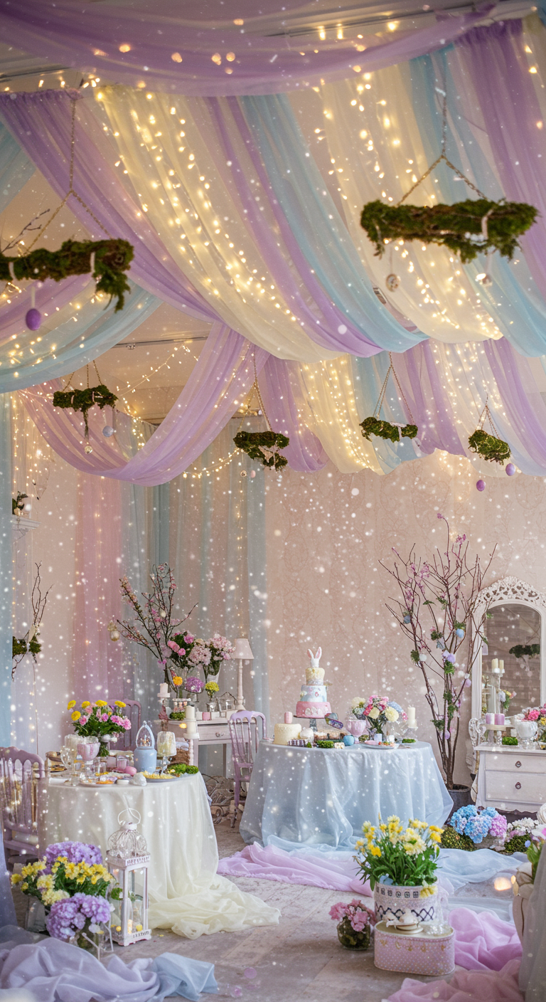 Mystical Easter Transformation - A room transformed for Easter into a mystical wonderland. Soft pastel colors dominate, with lavender, baby blue, and pale pink hues casting a gentle glow. Shimmering tulle and organza cascade from the ceiling, interwoven with countless fairy lights, creating a dreamy, ethereal effect. Natural elements like moss-covered branches adorned with delicate blossoms and strategically placed crystals add an organic touch, while subtle dust particles float in the air caught by the soft lighting.